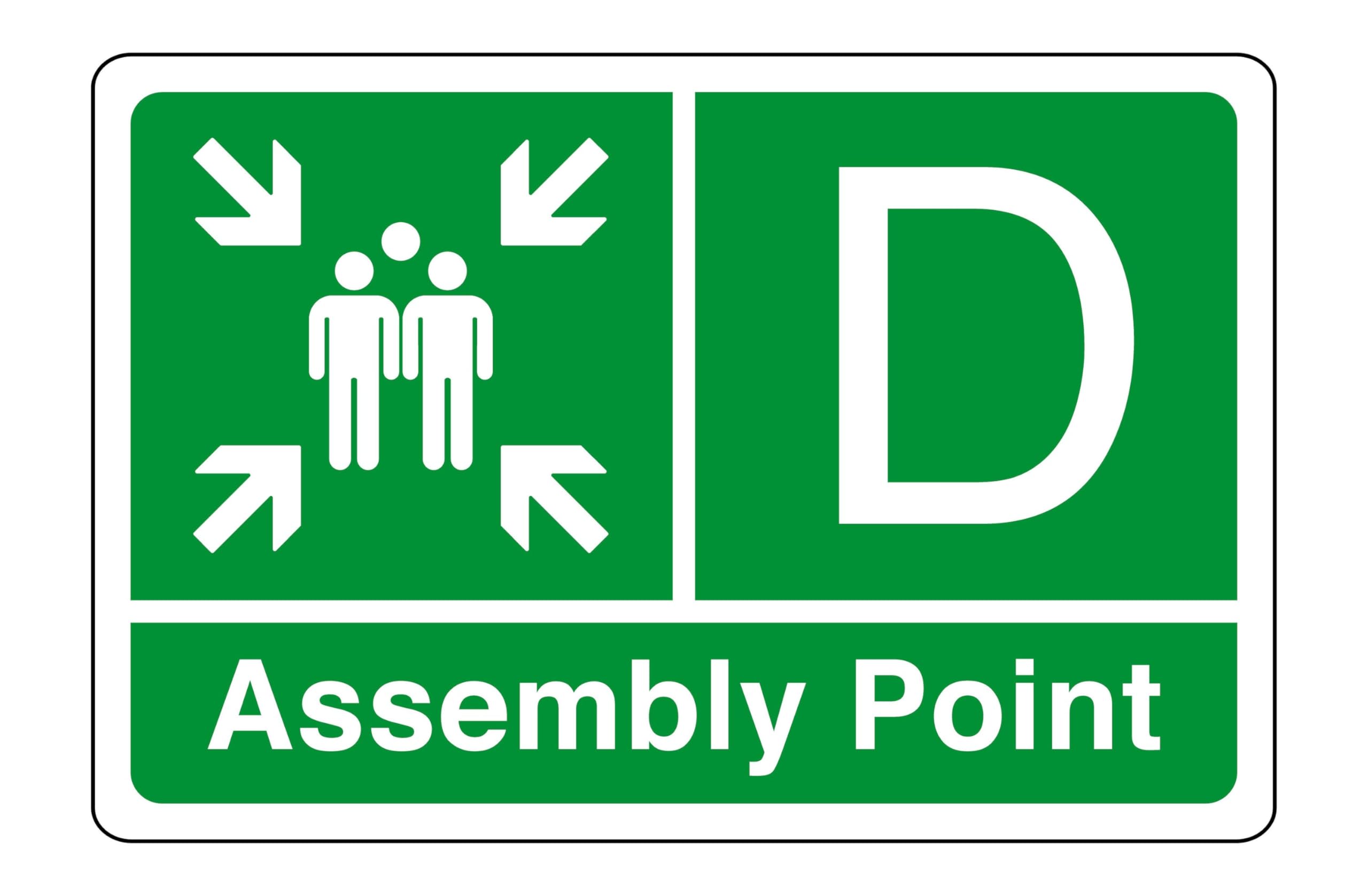 Assembly point "D" - safety sign - High tack self-adhesive sticker (150mm x 100mm) Viewing Distance within 3m.