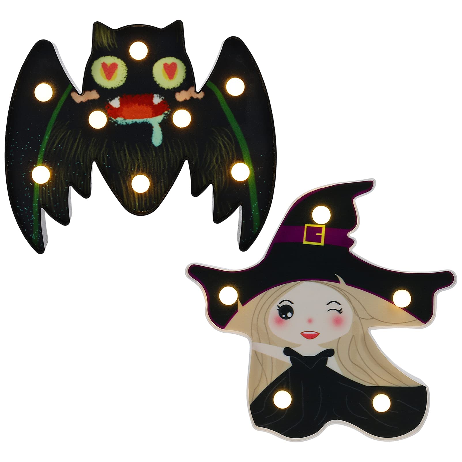 PRETYZOOM 2pcs Halloween Witch Lamp Happy Bat Lights Decoration LED Cute Night Light Lamp Decor for Garden Home Yard Porch (Mixed Color)