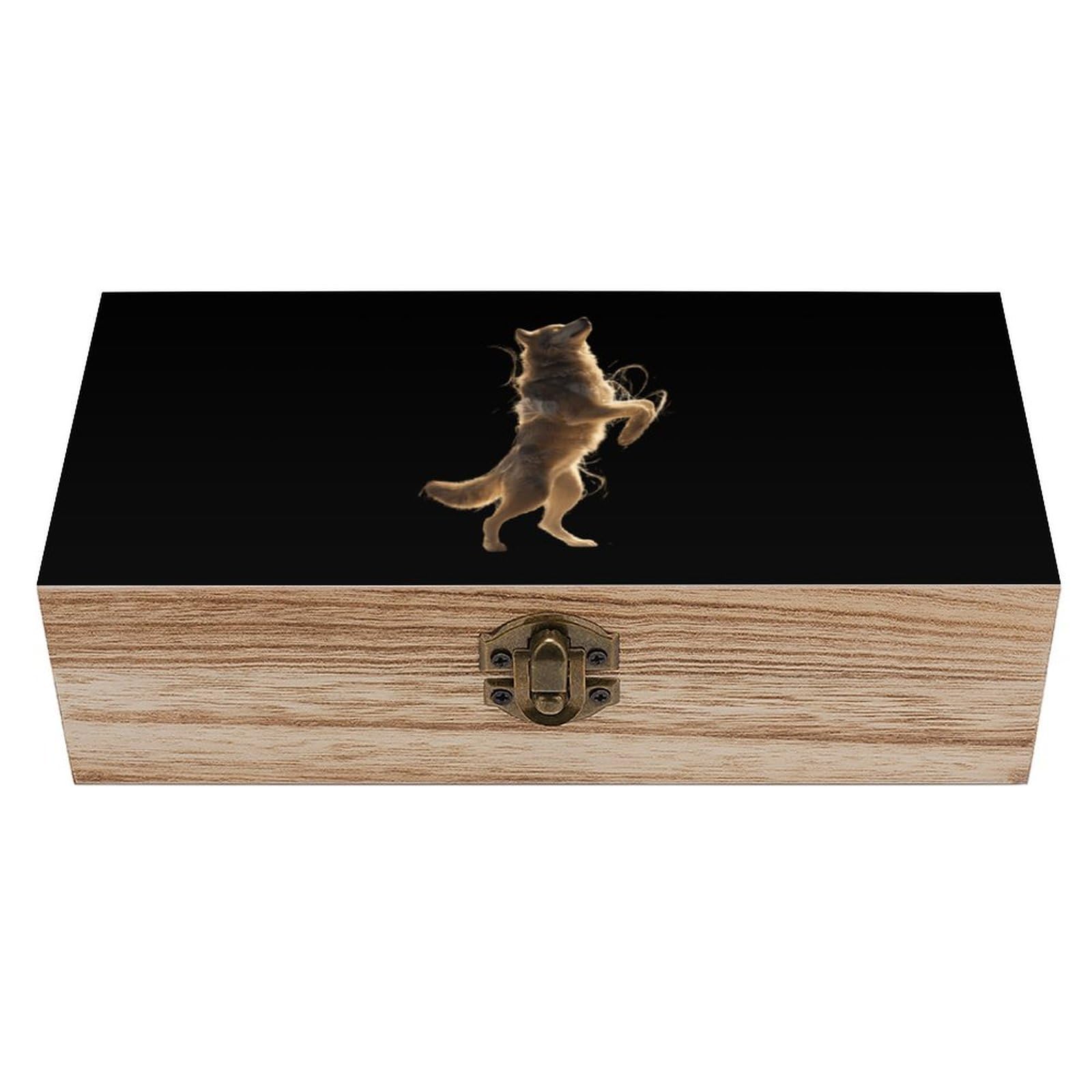 HLBSDM Glowing Wolf Dancing Wooden Storage Box Craft Memory Keepsake Treasure Chest Box Jewelry Organizer