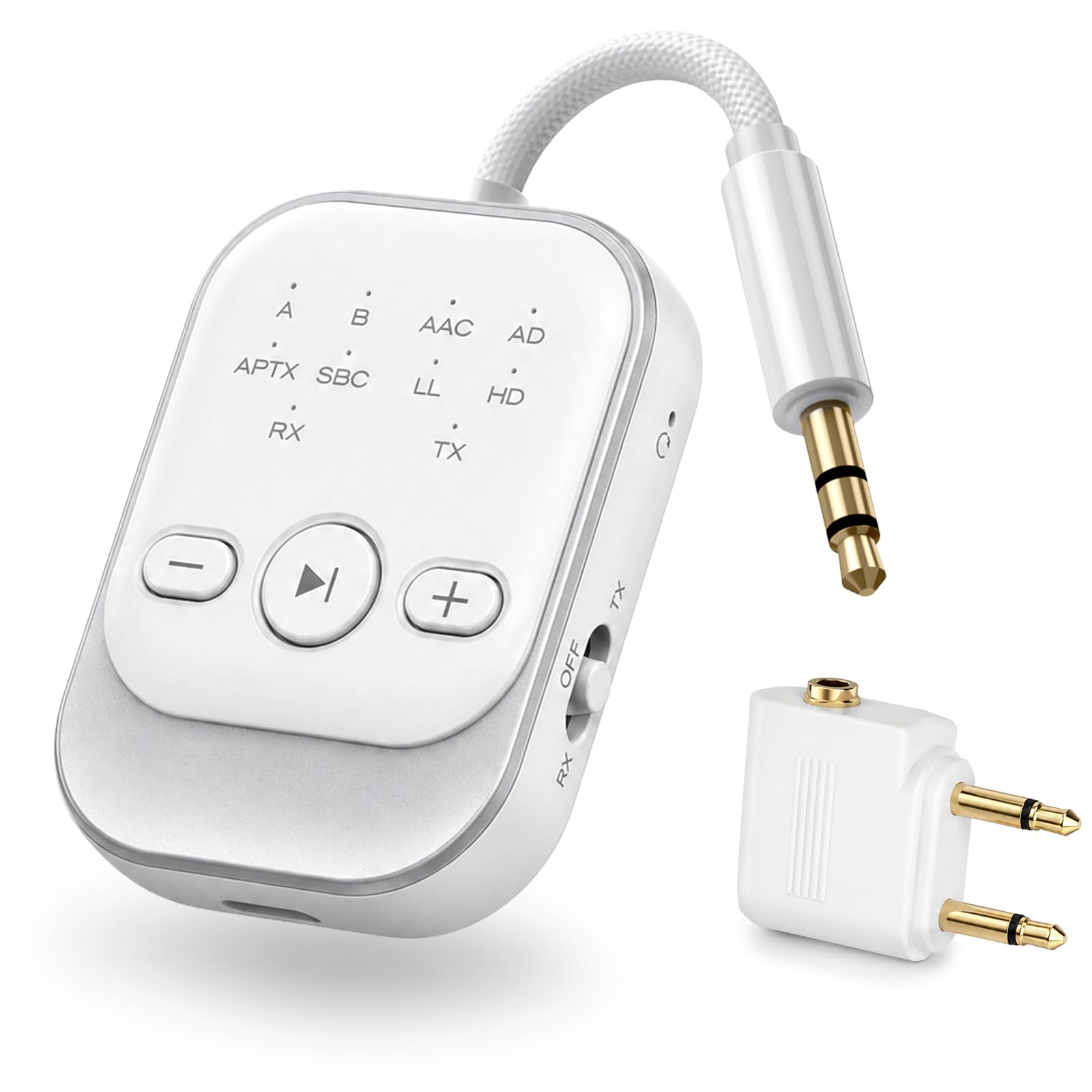 Bluetooth Transmitter Receiver, Airplane Bluetooth Adapter for TV (White) | Bluetooth 5.3 Airplane Travel Essentials 2-in-1 Wireless Bluetooth Adapter Dual Link for Headphones Low Latency with Mic-image-22