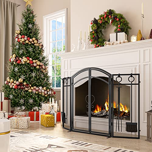 YITAHOME 3-Panel Folding Fireplace Screen Arched with Magnetic Hinged Door, 4-Piece Fire Place Tool Set Steel Fire Spark Guard, Solid Wrought Iron Panels Stove Accessories (Black)