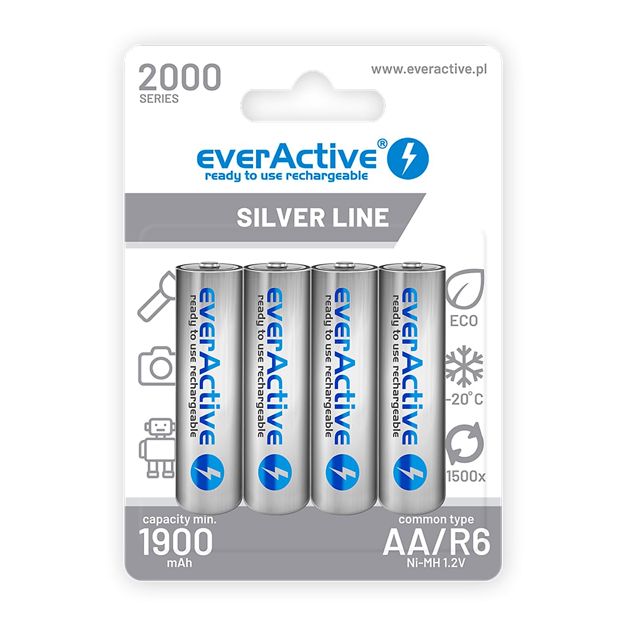 everActive Pack of 4 AA Batteries, 2000 mAh, Ni-MH, Mignon R6, Rechargeable, Pre-Charged, Silver Line, 1.2V,1 Blister Card