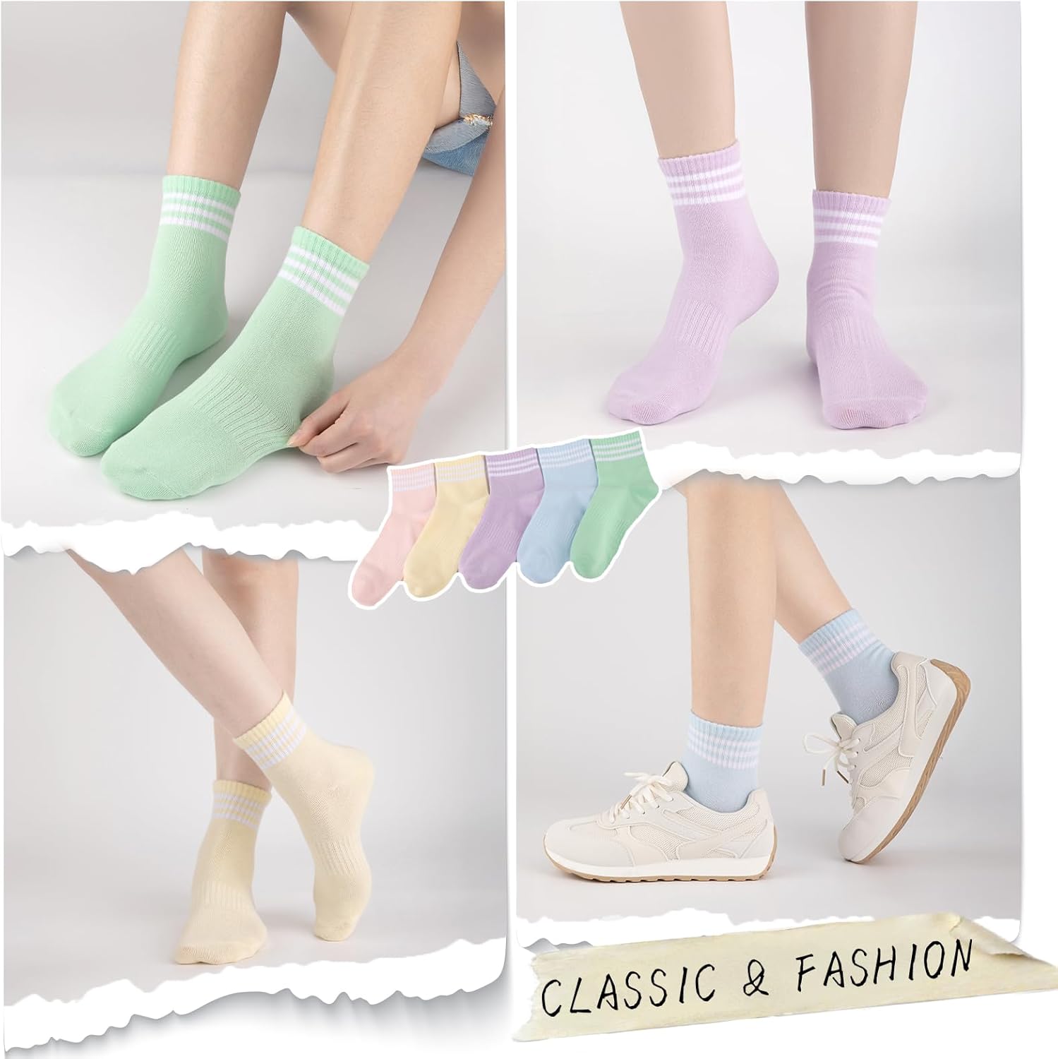 Heatuff Womens Ankle Quarter Socks Cotton Striped Athletic Casual Mini Crew Socks for Women (5 Pairs) - Image 4