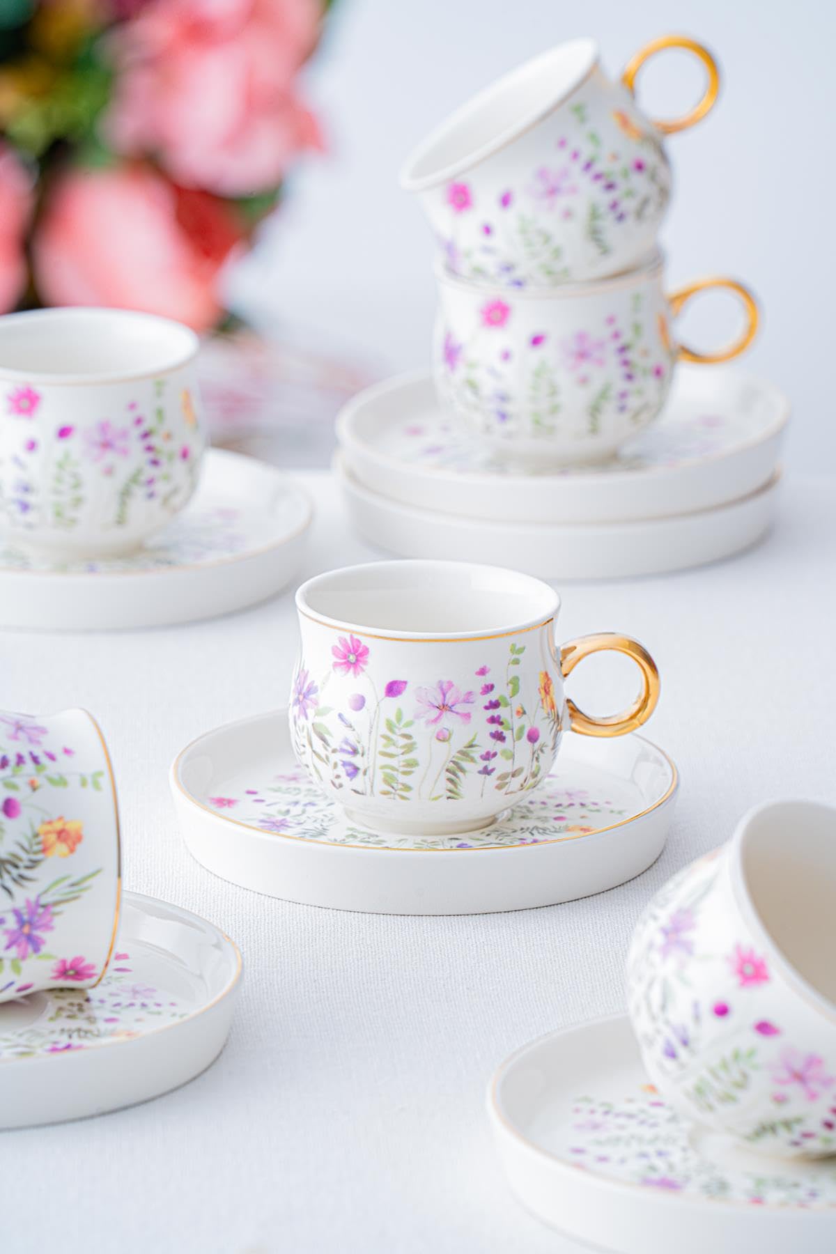Lidya Kaffeetassen Set für 6 Personen – 90 ml – Porzellan – Goldrand – Blumenmuster – Türkisches Kaffeetassen Set