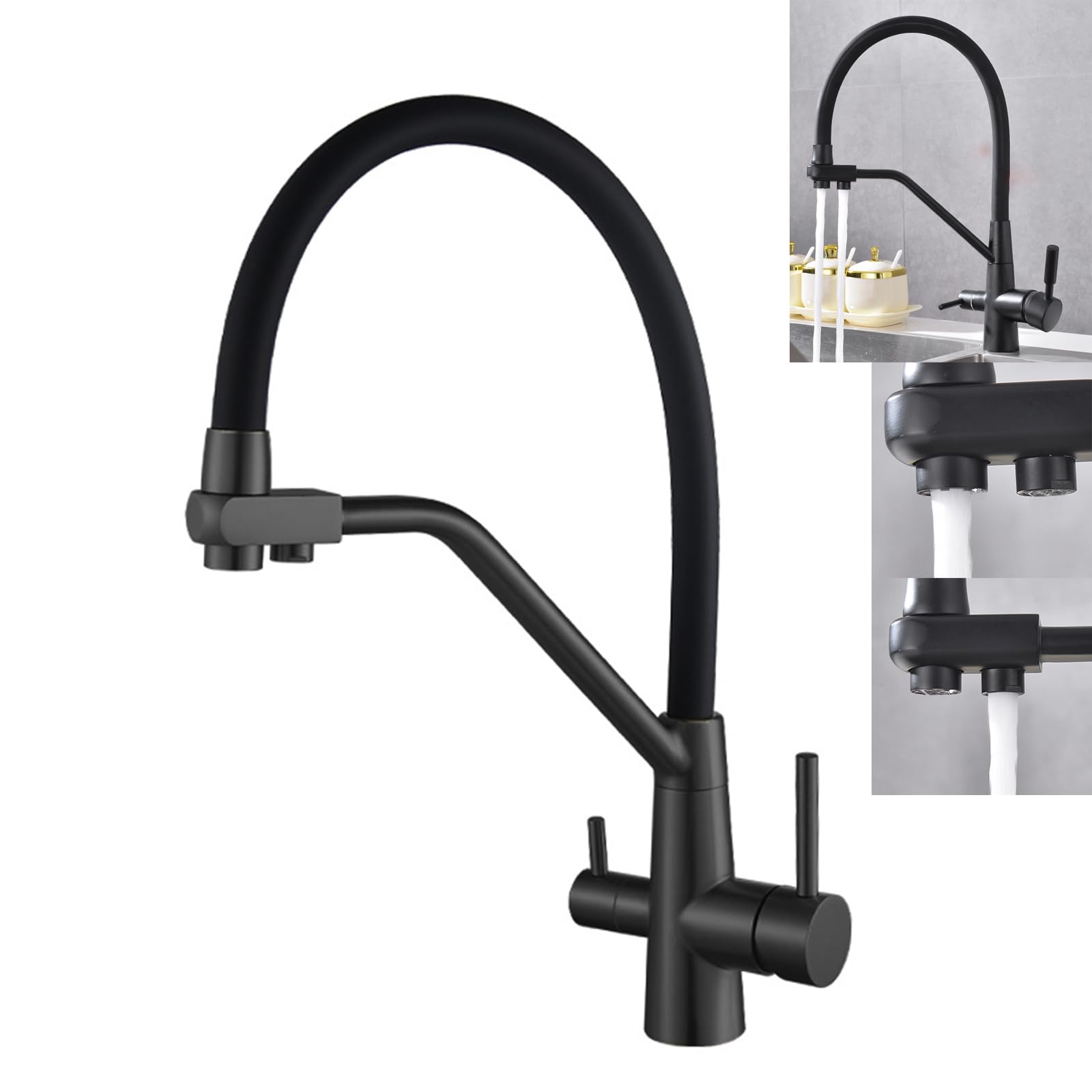 Grifo de Cocina 3 Vías Negro Satinado para Ósmosis, Agua Fría y Caliente, Latón Macizo