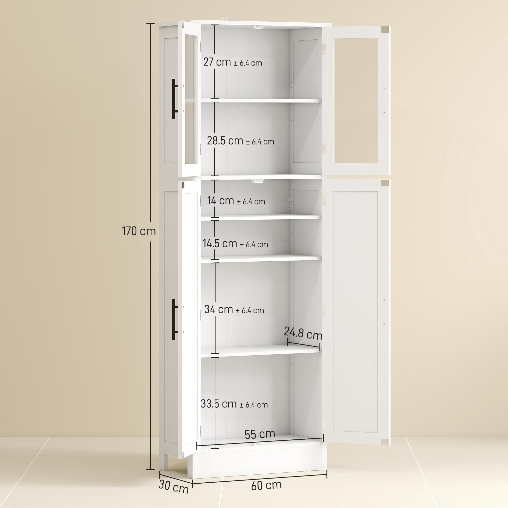 HOMCOM Mobile Bagno Alto con Ante in Vetro e 2 Armadietti, Mobiletto Bagno Salvaspazio con Ripiani Regolabili, Armadio da Terra per Sala da Pranzo Salotto Soggiorno Cucina, 60x30x170 cm, Bianco