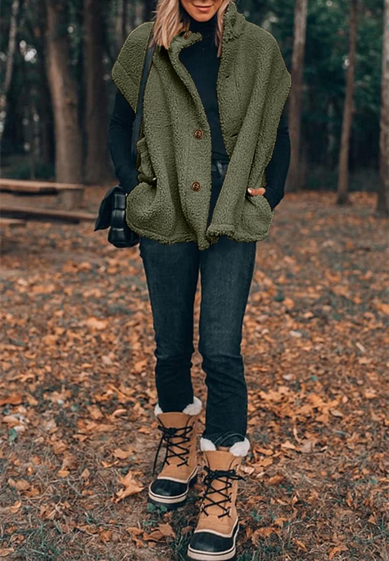 Hongqizo Gilet da donna in pile peloso, casual, oversize, caldo, con bottoni e tasche