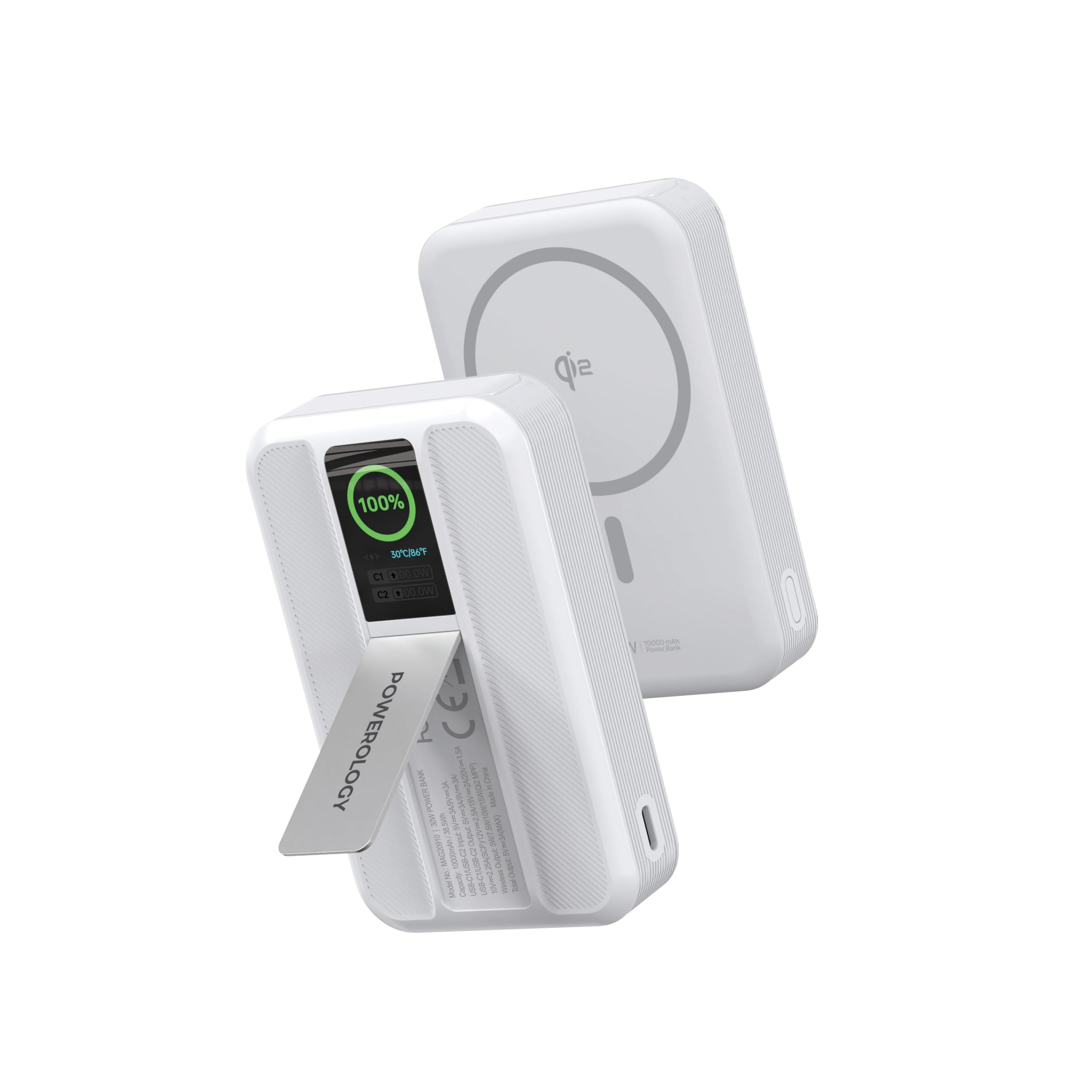 Powerology Vision 10000mAh Power Bank with Kickstand, Compatible with MagSafe, Dual USB-C PD 30W Fast Charging, 15W Magnetic Wireless Charger, Smart Display, Qi2 Technology, for iPhone 17-12 (White)