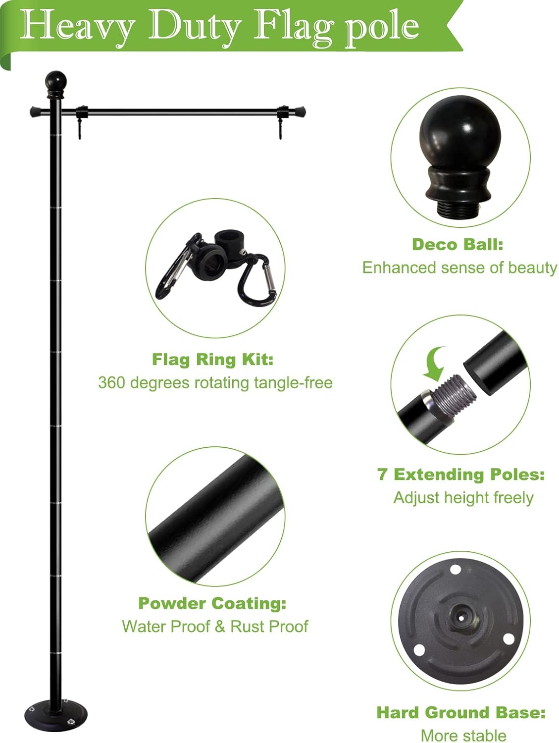 Koutemie 10FT Garden Flag Pole Stand with Metal Base for 3x5 American Flags, Adjustable Heavy Duty Outdoor Flagpole Holder Kit for Wooden Floor or Hard Ground, 1 Pack