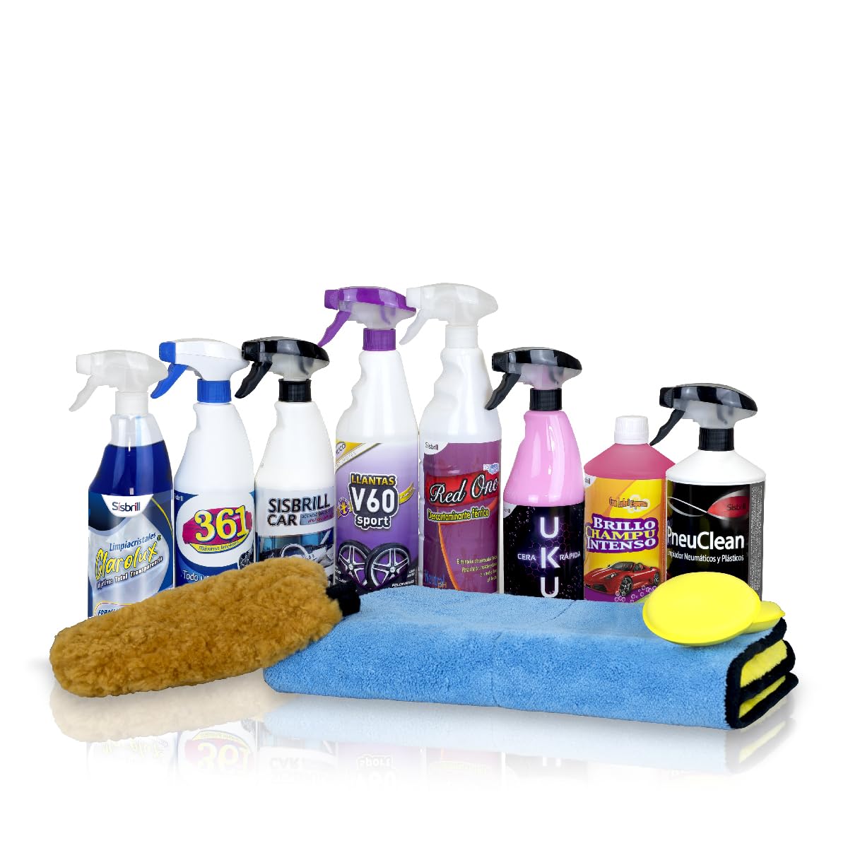 Sisbrill Kit de Limpieza y Detallado Premium – Kit Limpieza Coche Completo con Champú, Limpiallantas, Descontaminante, Cera Rápida, Limpiacristales, 361, Guante de Lavado y Toalla de Secado
