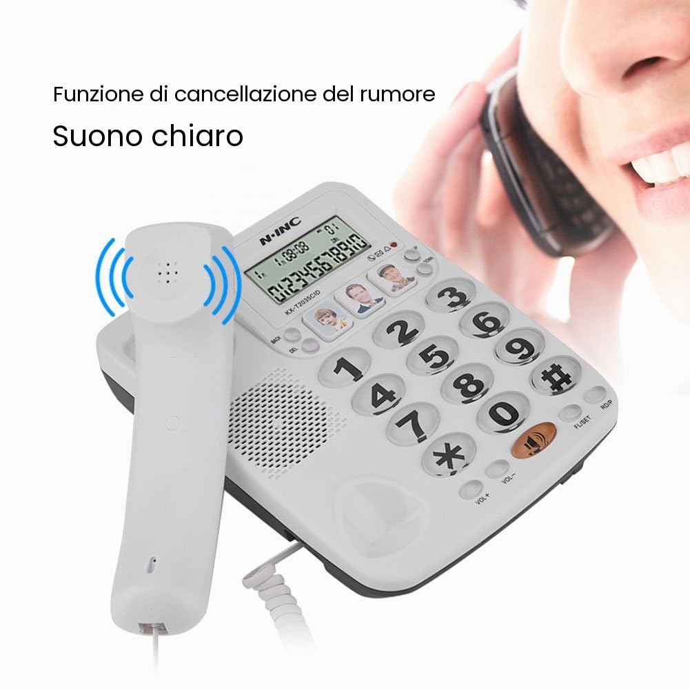 Telefono Fisso da Tavolo con Tasti Grandi, Telefono Vivavoce con Filo, Telefono Fisso di Casa/Ufficio a Due Linee/ID Chiamante/Suono Chiaro/Riselezione
