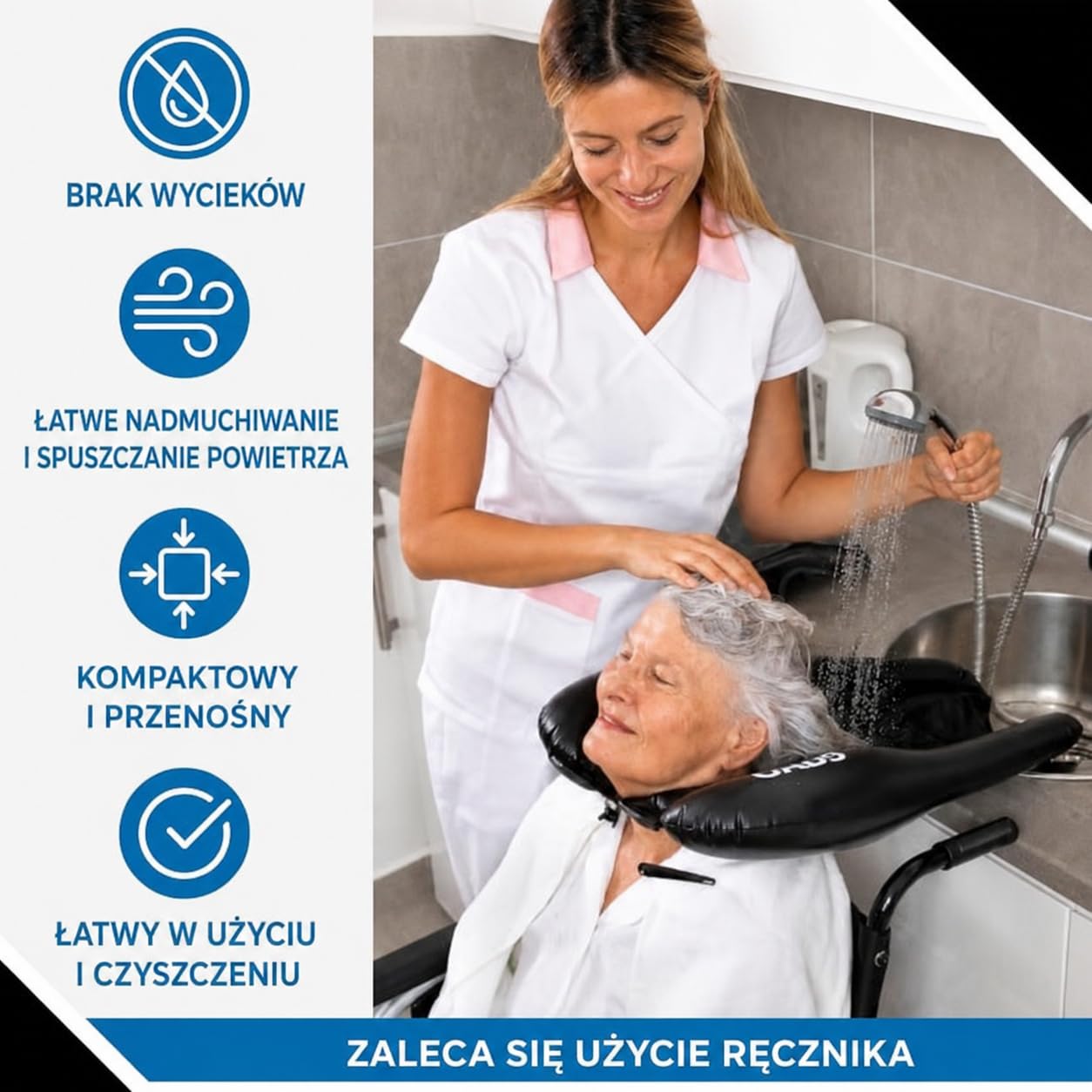 Przenośna nadmuchiwana taca do mycia włosów z paskiem do łóżka i domu lekka | Regulowany pasek zapewnia wygodne dopasowanie, odpowiednia dla dorosłych i seniorów, łatwa do czyszczenia i schowania.