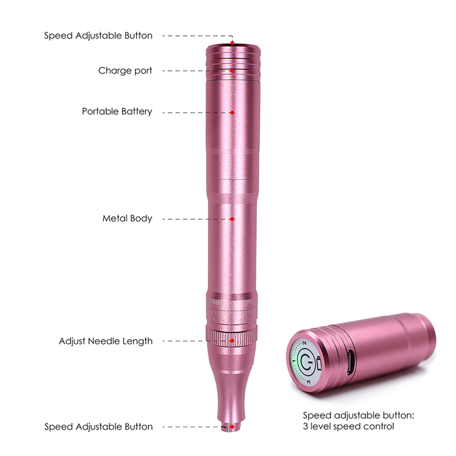 Kit per tatuaggio professionale ricaricabile per macchina per trucco permanente senza fili con 10 aghi per cartucce per tatuaggio 1P per sopracciglia/eyeliner/labbra (Rosa+10pezzi 1P Aghi)