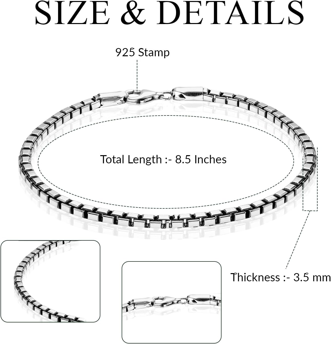 LeCalla Solid 925 Sterling Silver Italian Box Chain Bracelets for Men | Classic 3.5MM Minimalist Silver Bracelets (7.5, 8, 8.5, 9 Inches), Made in Italy - Image 5