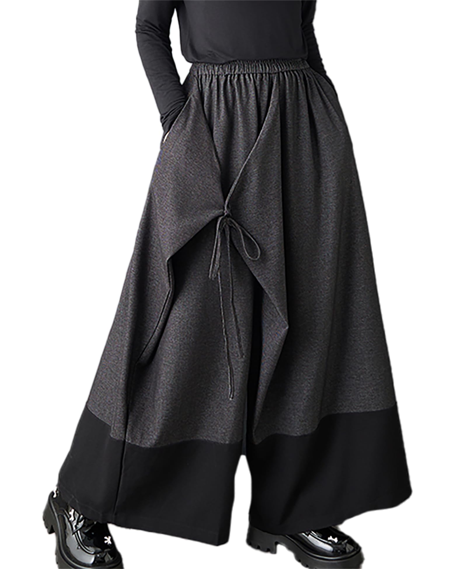 ellazhu Womens Pants Loose Wide Leg High Elastic Waist Patchwork Sweatpants Side Pockets GZ758 A