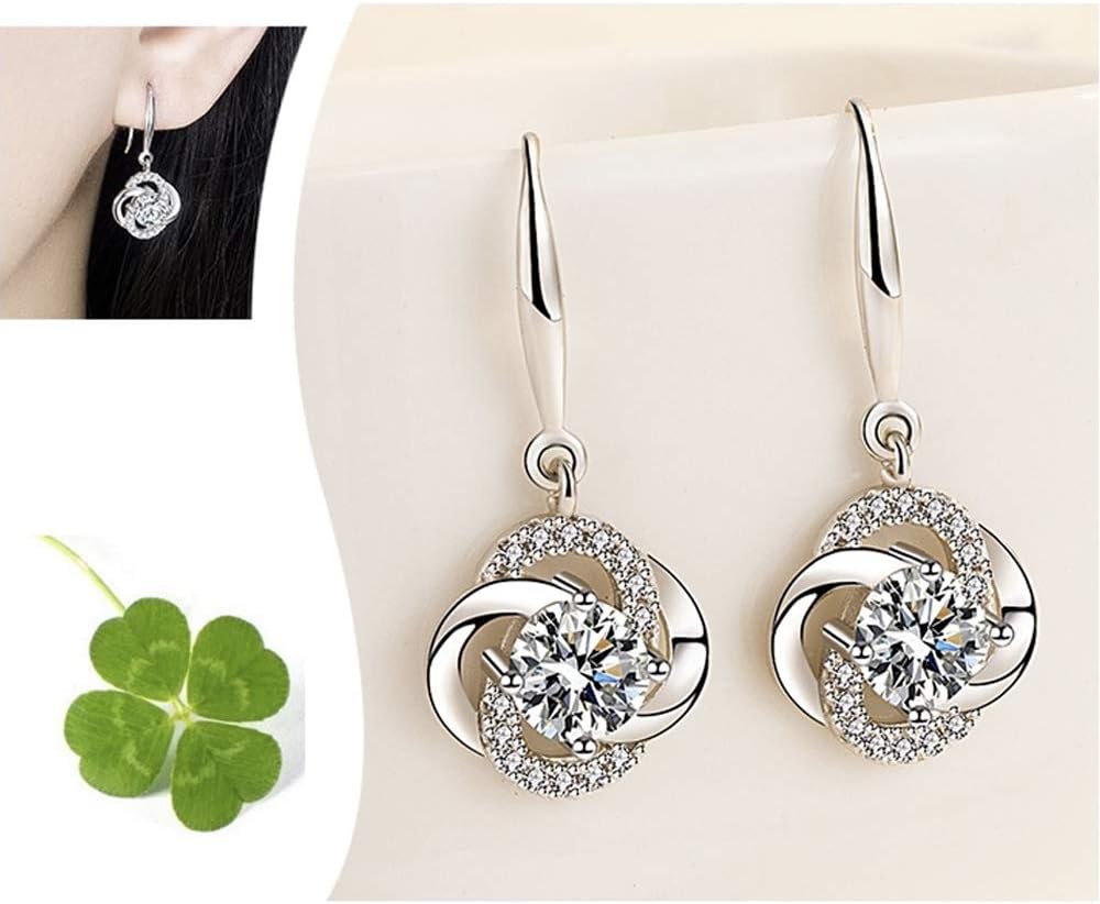 Four- Leaf Clover 5A Cubic Zirconia Sterling Silver Dangle Drop Earrings Gift for Women Gemini Sets - Image 5