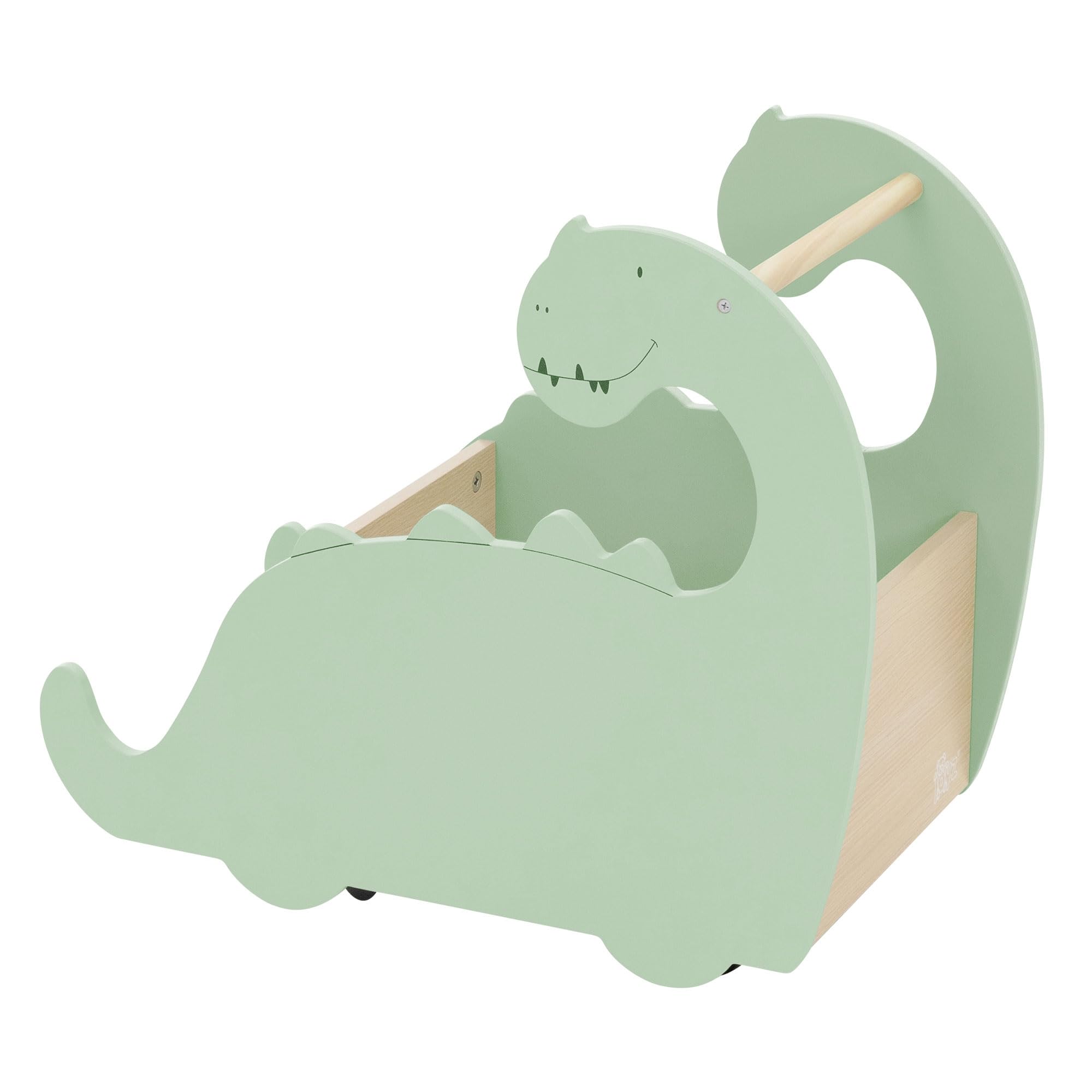 Joyz Coffre à Jouets en Bois, Design Dino, 57x31,5x49 cm, Vert-Nature, Bibliothèque avec Espace Ouvert, Chariot à roulettes, Boîte avec Espace de Rangement, Trotteur Pratique pour Chambre d'enfant