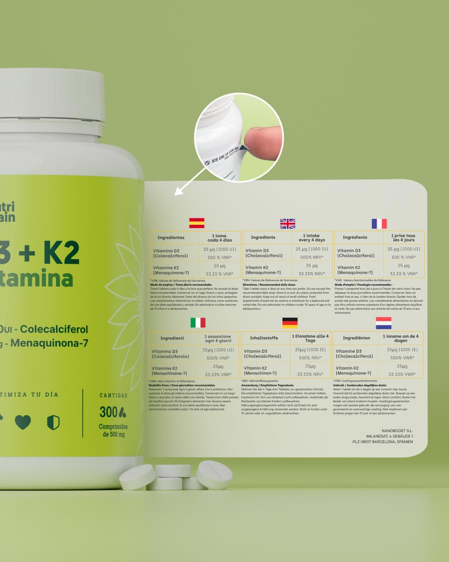 Vitamina D3 y K2 1000UI - 300 Comp - 10 Meses | Premium: MK-7 100% All-Trans Máxima Biodisponibilidad | Apoya Huesos, Sistema Inmune y Corazón