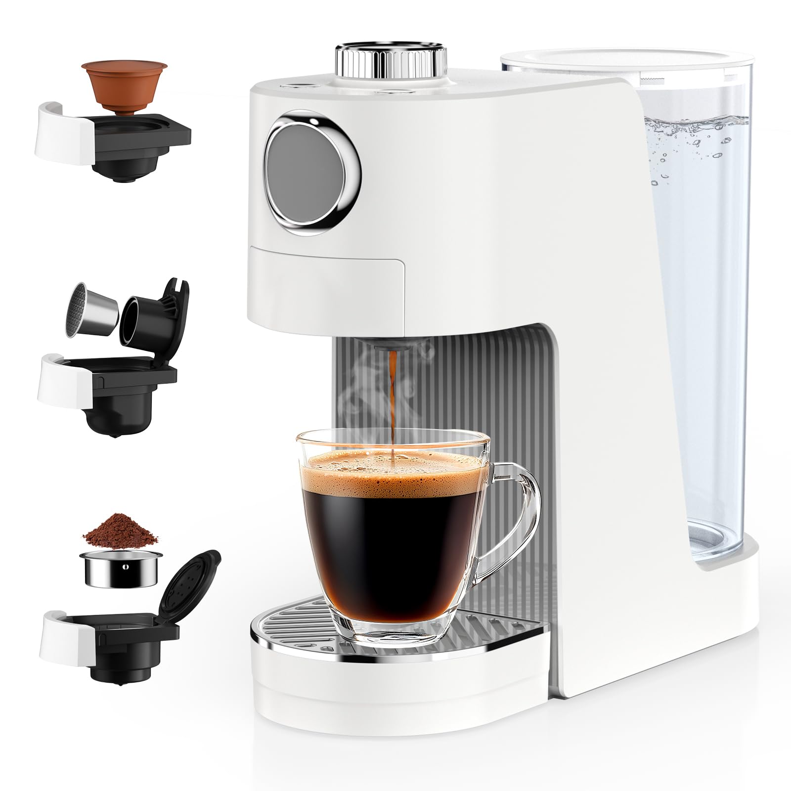 Bostar Macchina da caffè 3 in 1, 7 livelli regolabili per quantità d'acqua e temperatura, 20 bar con serbatoio dell'acqua da 1,4 l per caffè espresso, compatibile con capsule e macinato (bianco)