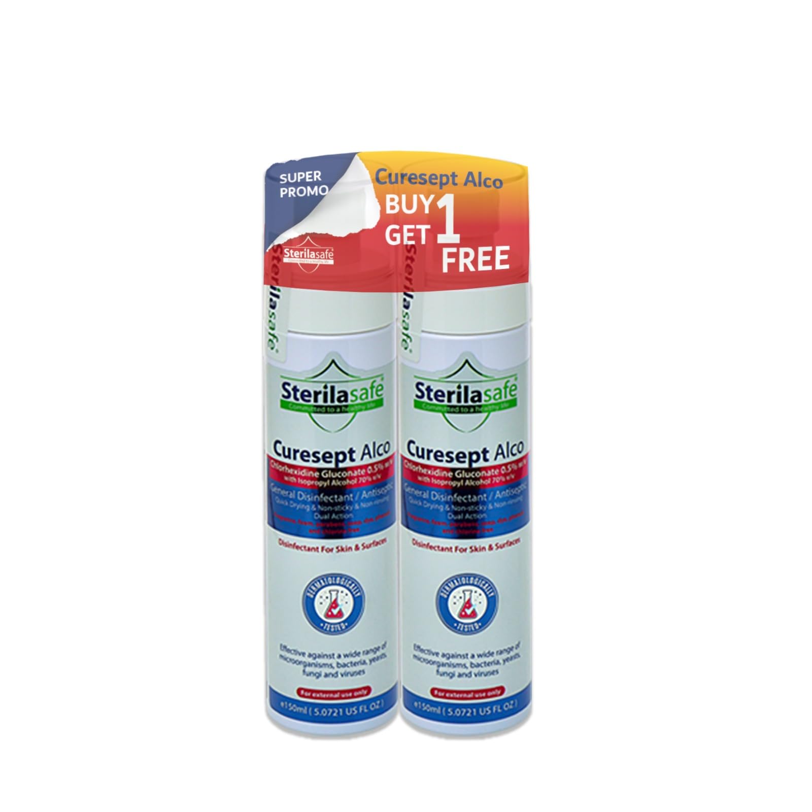 Committed to a healthy life CureSept Alco General Antiseptic & Disinfectant, For Skin & Surfaces, Chlorhexidine Gluconate 0.5% With Alcohol 70%,150 ML,1+1 Free Promo Pack