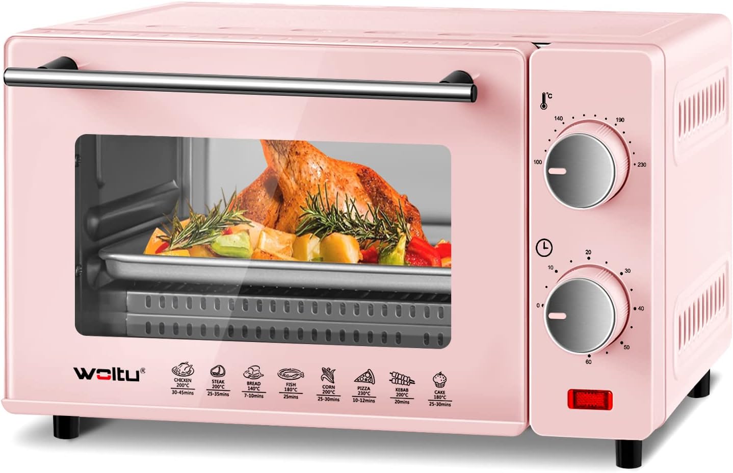 WOLTU Mini Oven 10 Litre, 650W Electric Oven, Small Table Top Oven, 100-230°C, 60 Min. Timer, with Baking Tray, Grill Rack, Removal Handle, Pink