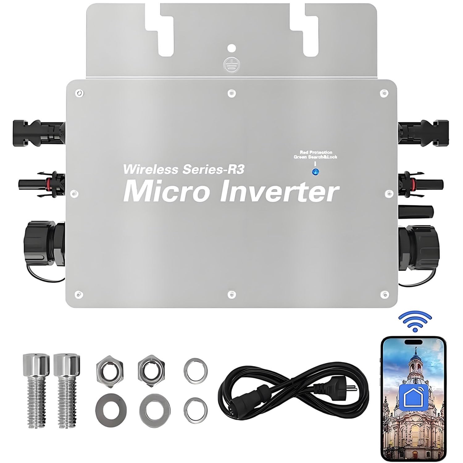 Microinversor solar de conexión a red de 300 W/350 W/600 W/700 W/800 W/1200 W/1400 W/1600 W, resistente al agua (IP65), con software de monitorización mediante teléfono móvil y conexión WiFi. 1200W
