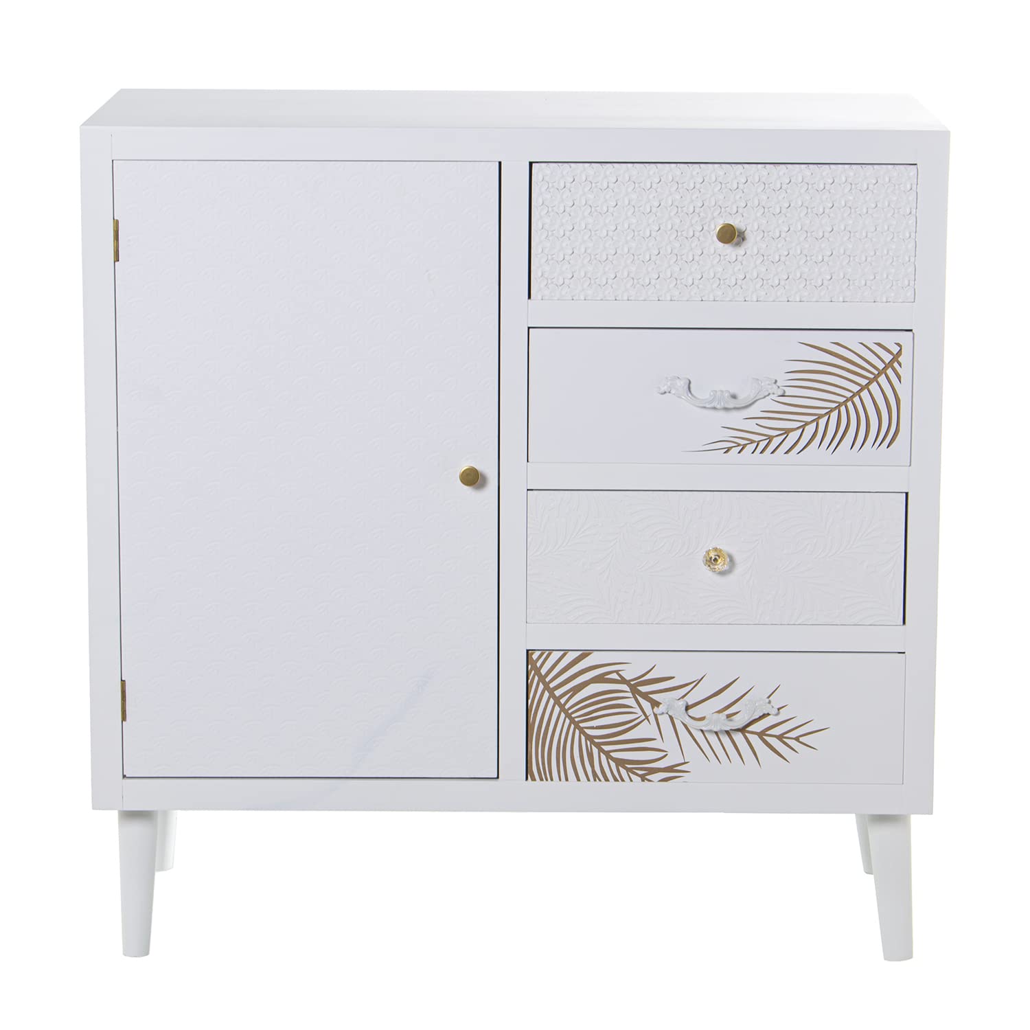 Aparador con 1 Puerta y 4 cajones de Madera con Relieve Hoja en Blanco y Dorado 80x40x80cm