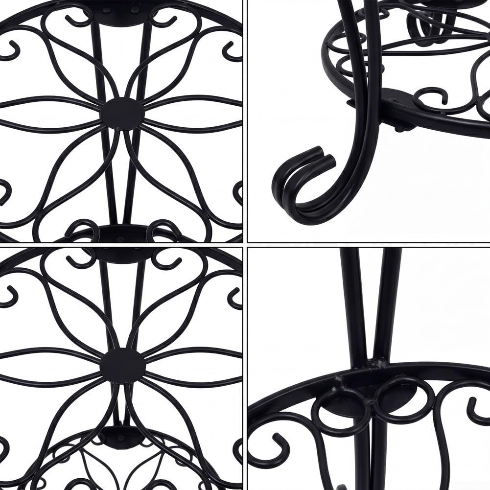 2 Etagen Pflanzenständer Metall Schwarz, Rostfreier | Blumenständer für Wohnzimmer & Balkon, Stabiles Pflanzengestell mit Blumenmuster, Topfhalter für regal für Garten Innen