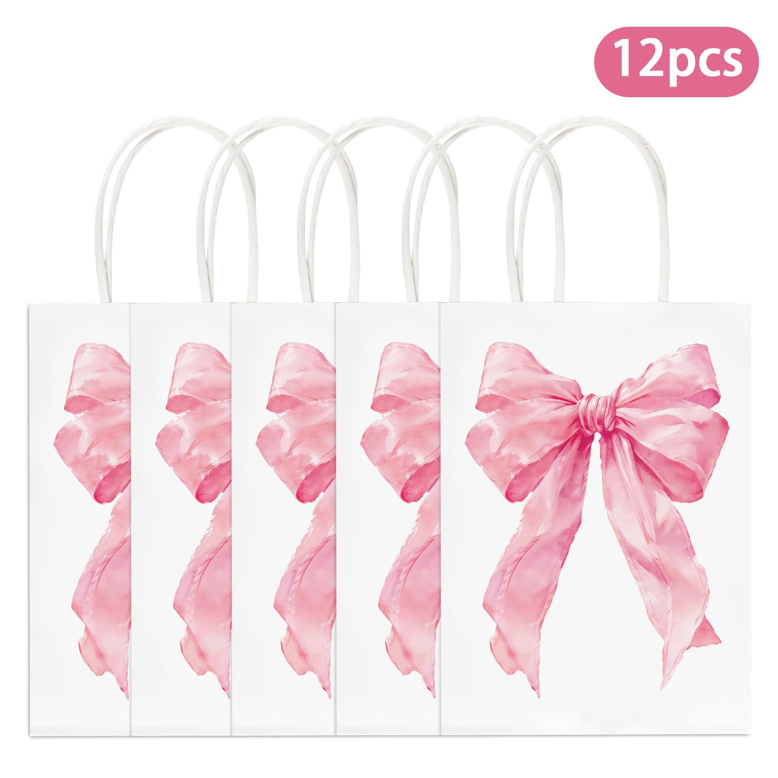 Hxezoc 12 Pieces Pink Bow Gift Bags with Handle, Paper Treat Candy Bag Girly Bow Favor Bags for Bow Theme Bachelorette Party Birthday Party Decoration Supplies