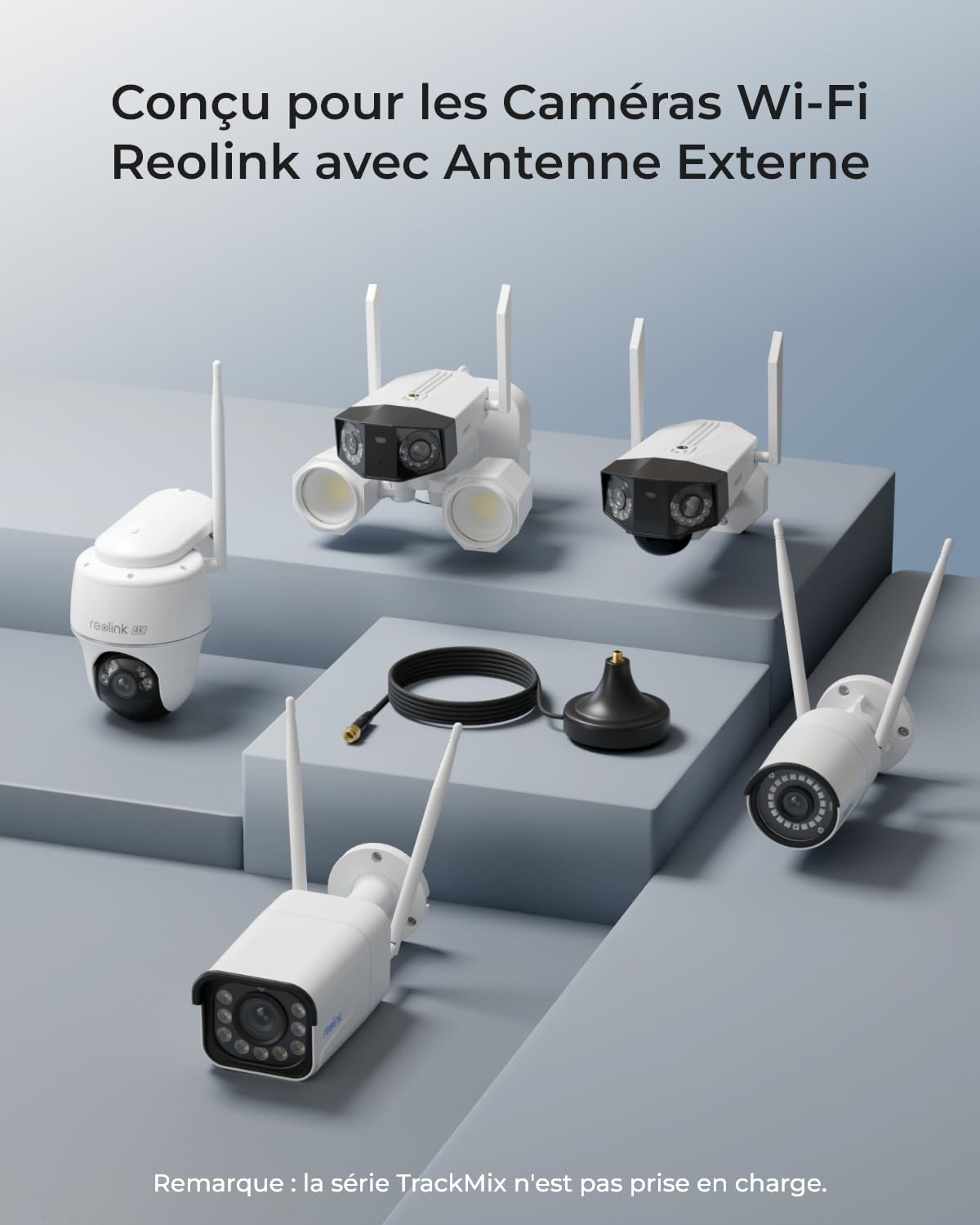 Reolink Câble d'Extension d'Antenne WiFi avec Connecteur RP SMA, Mâle vers Femelle, Base Magnétique, Câble de 3m, Conçu pour Les Caméras WiFi et Caméras à Batterie avec Antennes Externes