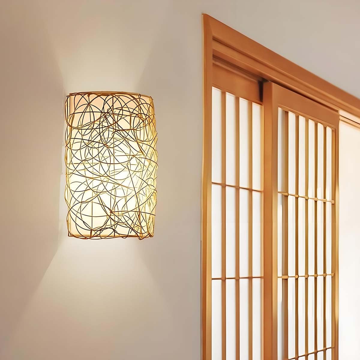 AoLa Boho Wandleuchte Vintage, Innen Rattan Wandlampe Handgewebter E27 Dekoration Wandbeleuchtung aus Naturmaterial Up Down Beleuchtung Retro Lampe mit Weißer Schirm für Wohnzimmer Heim,A