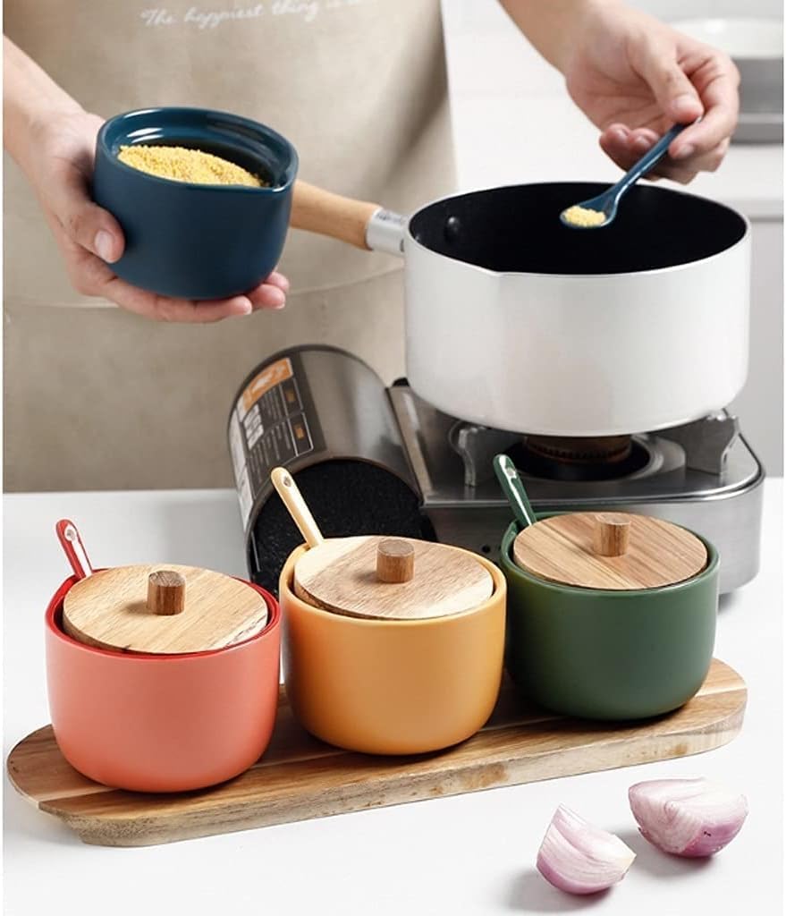 Salt and Sugar Container Sets Ceramic Condiment Container Set with Spoon Lid and Wood Tray Home Seasoning Pot Spice Pot Sugar Container Set Kitchen Counter,A-3pcs