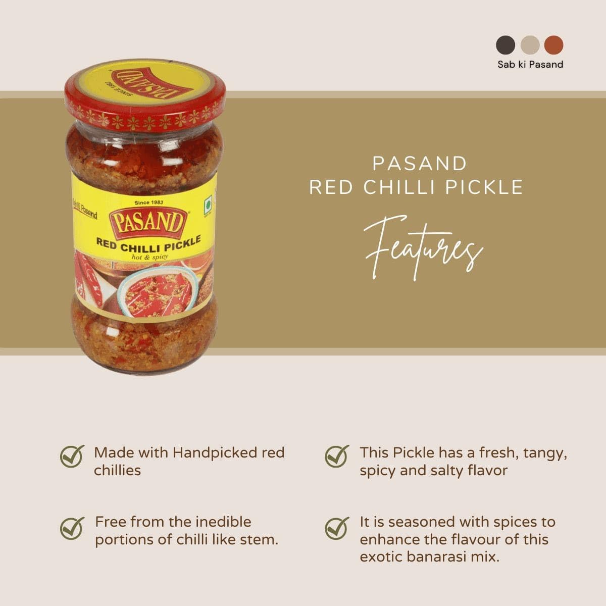 PASAND Red Chilli Pickle 280g | Traditional Laal Mirch ka Achar | Authentic Style Pickle | Tangy & Mild Spicy Taste | Homemade Indian Pickle | Ready to Eat 1