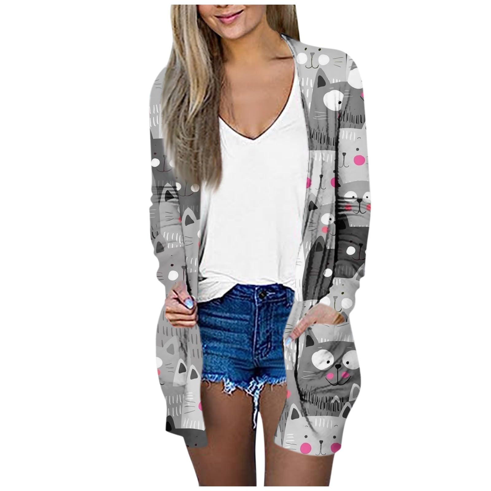 Women's Halloween Cardigan Pumpkin Print Knitting Plus Size Coat Open Front Cozy Long Sleeve Funny Outwear Sweater