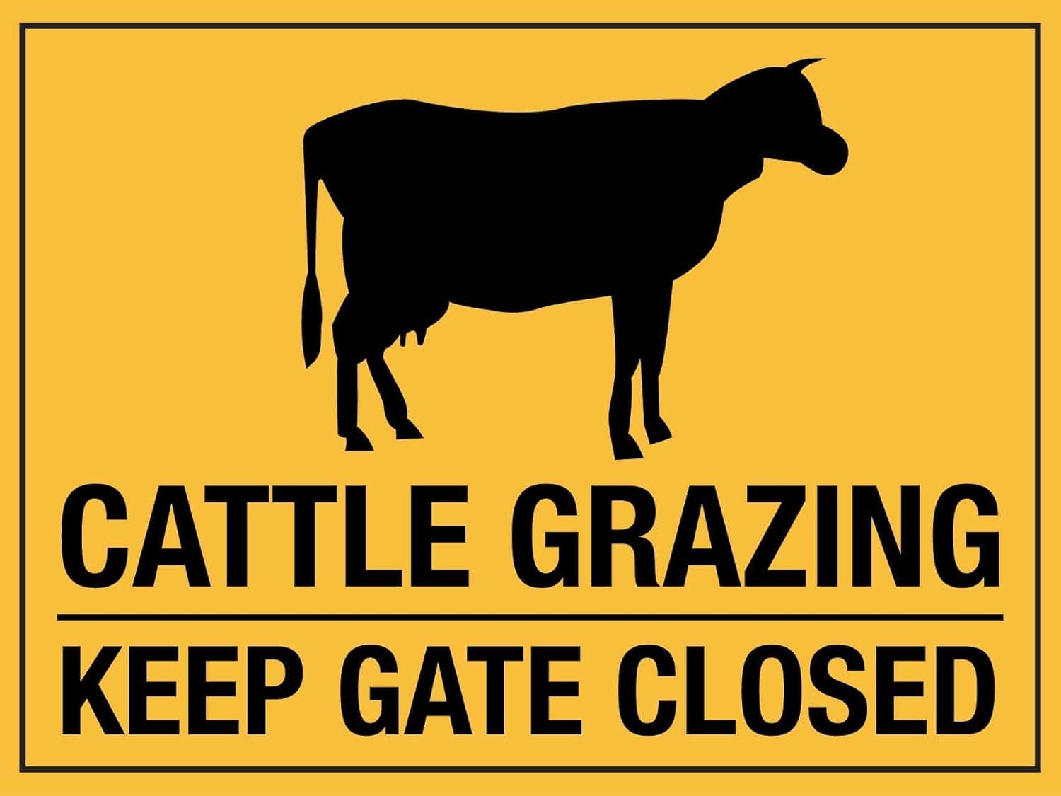 Cattle Grazing Keep Gate Closed Sign, Yellow, 8x12 Inch, Metal, Farm Warning Signage with Mounting Holes