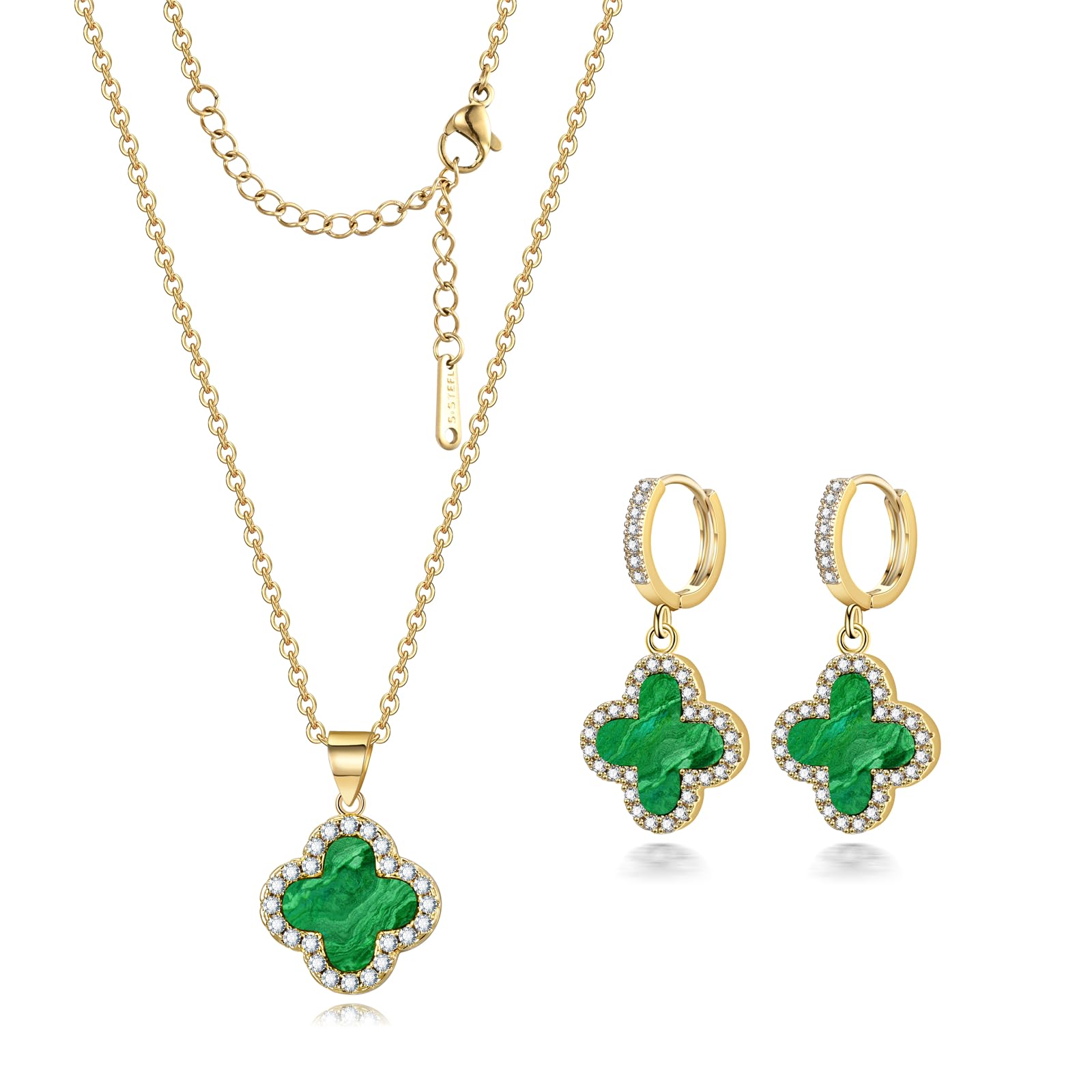FeasnowClover Necklace and Clover Earrings Black White Green Red Pendant 18k Gold Plated Lucky Clover Jewelry Set for Women Trendy