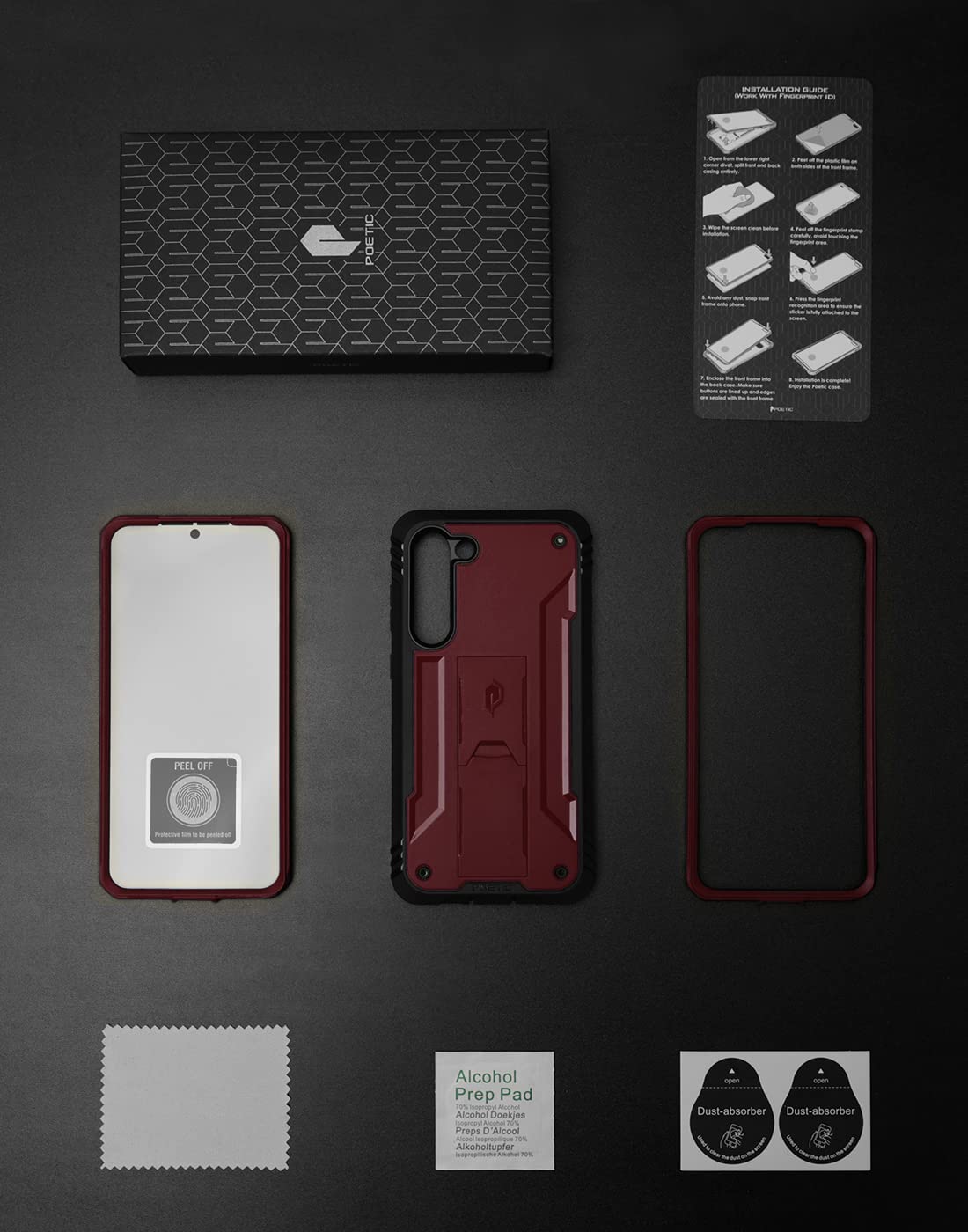 Poetic Revolution Series Case for Samsung Galaxy S23 5G 6.2" (2023), Built-in Screen Protector Work with Fingerprint ID, Full Body Rugged Shockproof Protective Cover Case with Kickstand, Maroon Red