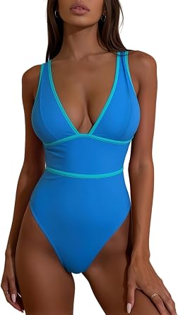 geluboao Womens One Piece Swimsuits Color Block Deep V Neck Tummy Control Bathing Suits Sexy Push Up Triangle Monokini