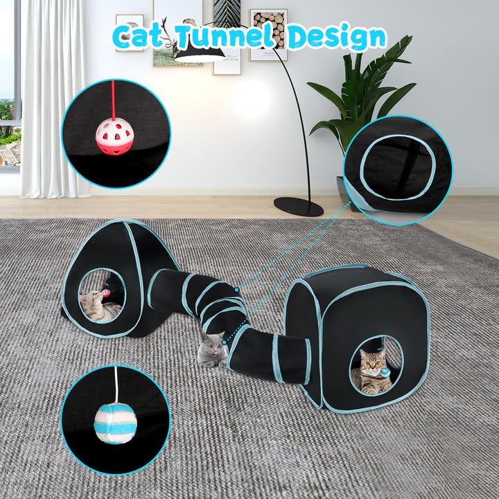 Image of Rypet Cat Tunnels for Indoor Cats with Cube Tent, Interactive Collapsible Cat Tube and Foldable Cubes Playground for Hiding Hunting and Resting, Pet Tube with Bell for Kitten, Rabbit, Puppy, Ferret
