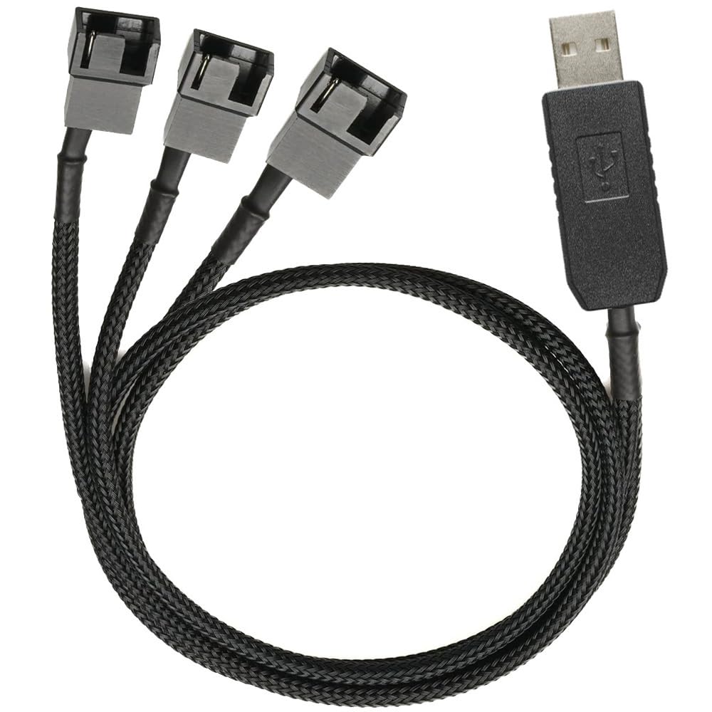 Full Speed 12V Voltage Step-Up USB to 3 Way 3-Pin and 4-Pin PC Fan Sleeved Power Adapter Cable