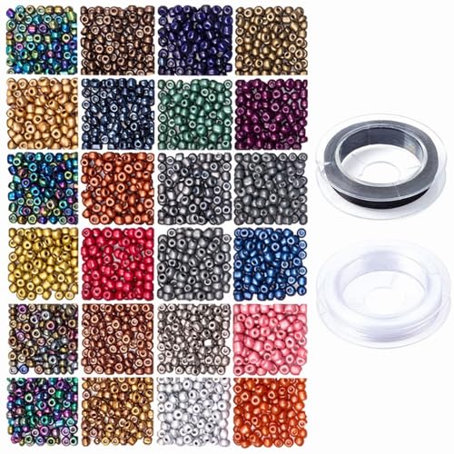 MYCreator – 18.000 Perline In Vetro Da 3 Mm (15 Colori) Per Gioielli Fai Da Te, Con Corda Elastica, Chiusure, Anelli E Mini Forbici