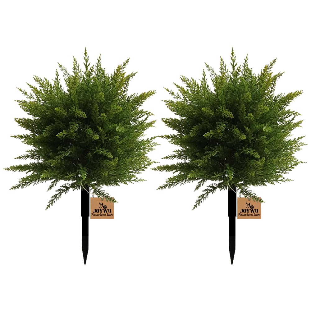 JOYWU Artificial Cedar Topiary Ball Trees for Outdoors Set of 2, 60 cm UV Resistant Faux Cypress Plants with Ground Spike, Large Fake Evergreen Shrubs Bushes for Porch Front Garden Home Decor (2 Pcs)