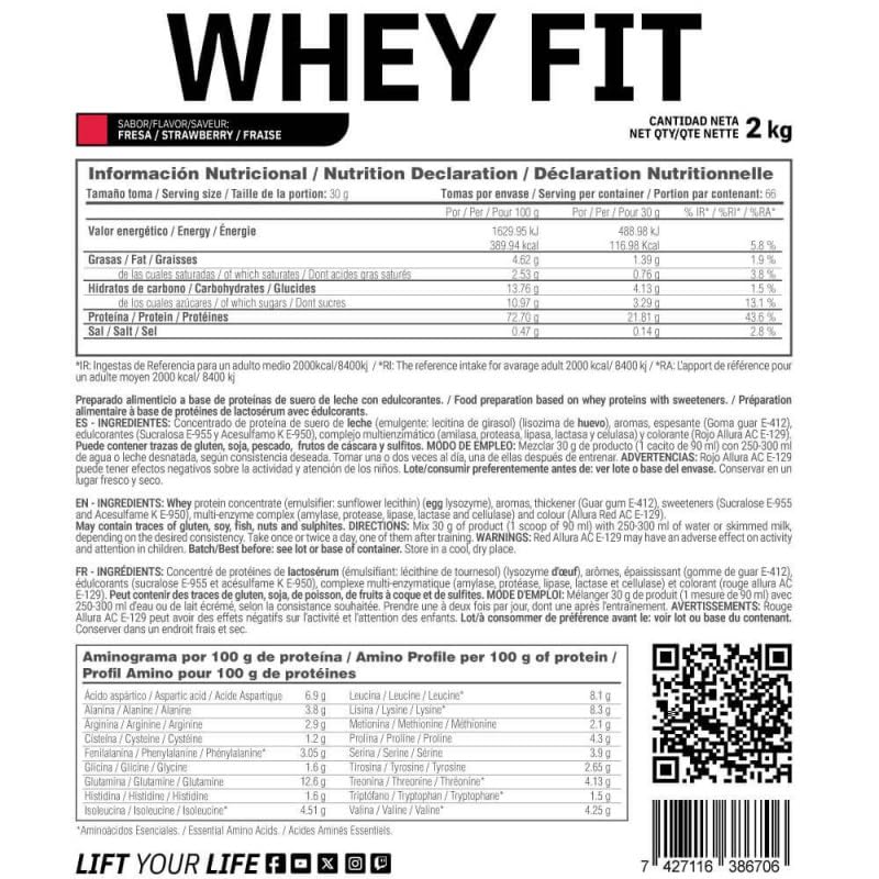 MASmusculo - Whey FIT - Proteína Whey - Proteína Suero de Leche - 2 kg - Bolsa para 2 Meses - Regeneración Muscular - Mejora el Rendimiento - Fresa