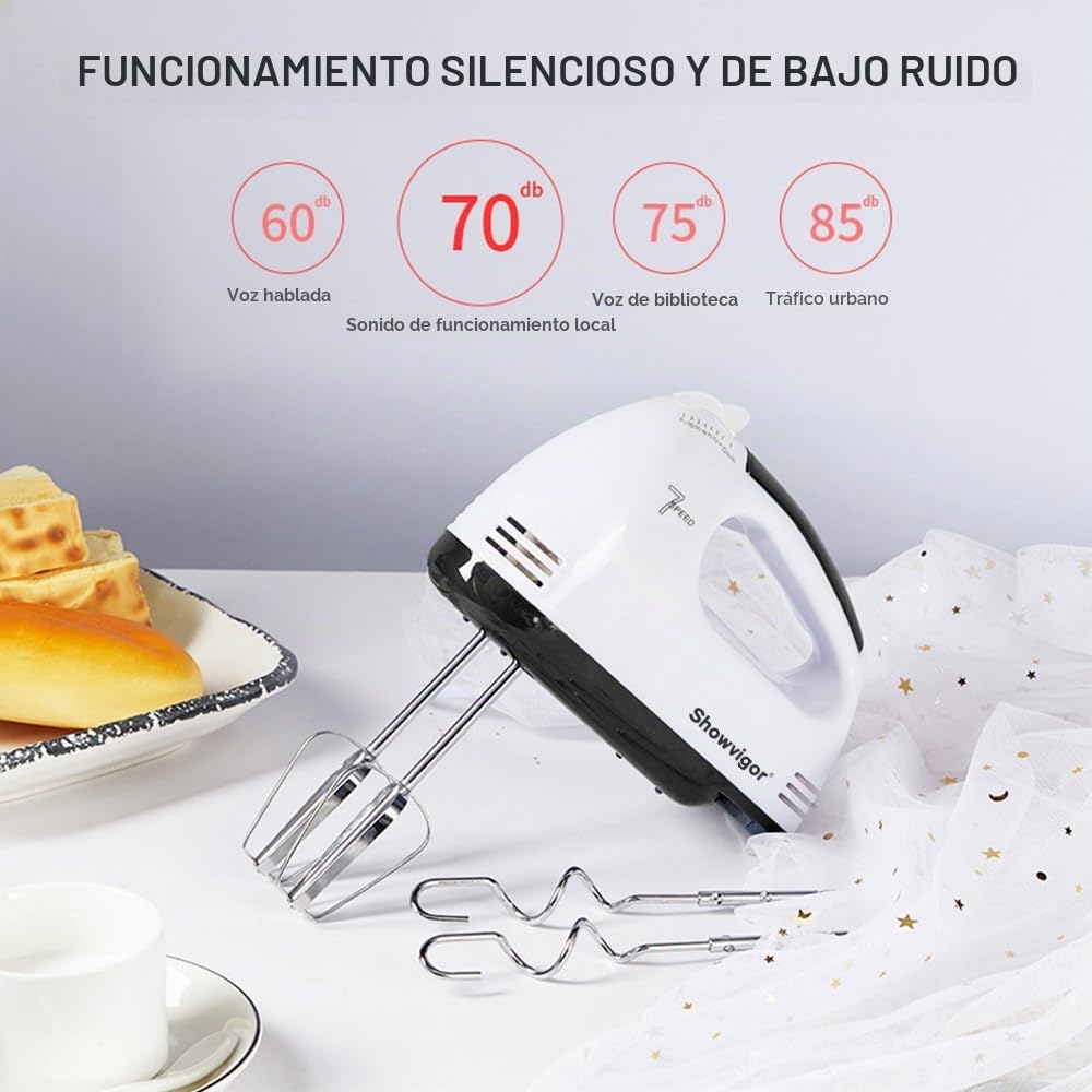Batidora eléctrica de mano, 7 niveles, incluye 2 varillas, 2 ganchos amasadores de acero inoxidable, 1 varilla, apta para lavavajillas