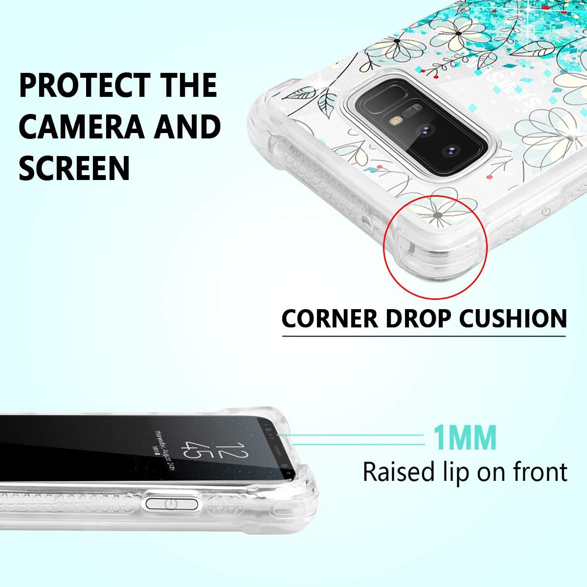 Galaxy Note 8 Case, Caka Galaxy Note 8 Floral Glitter Case Girls Luxury Fashion Bling Flowing Liquid Floating Sparkle Glitter Cute Soft TPU Case for Samsung Galaxy Note 8 (Teal Vine)