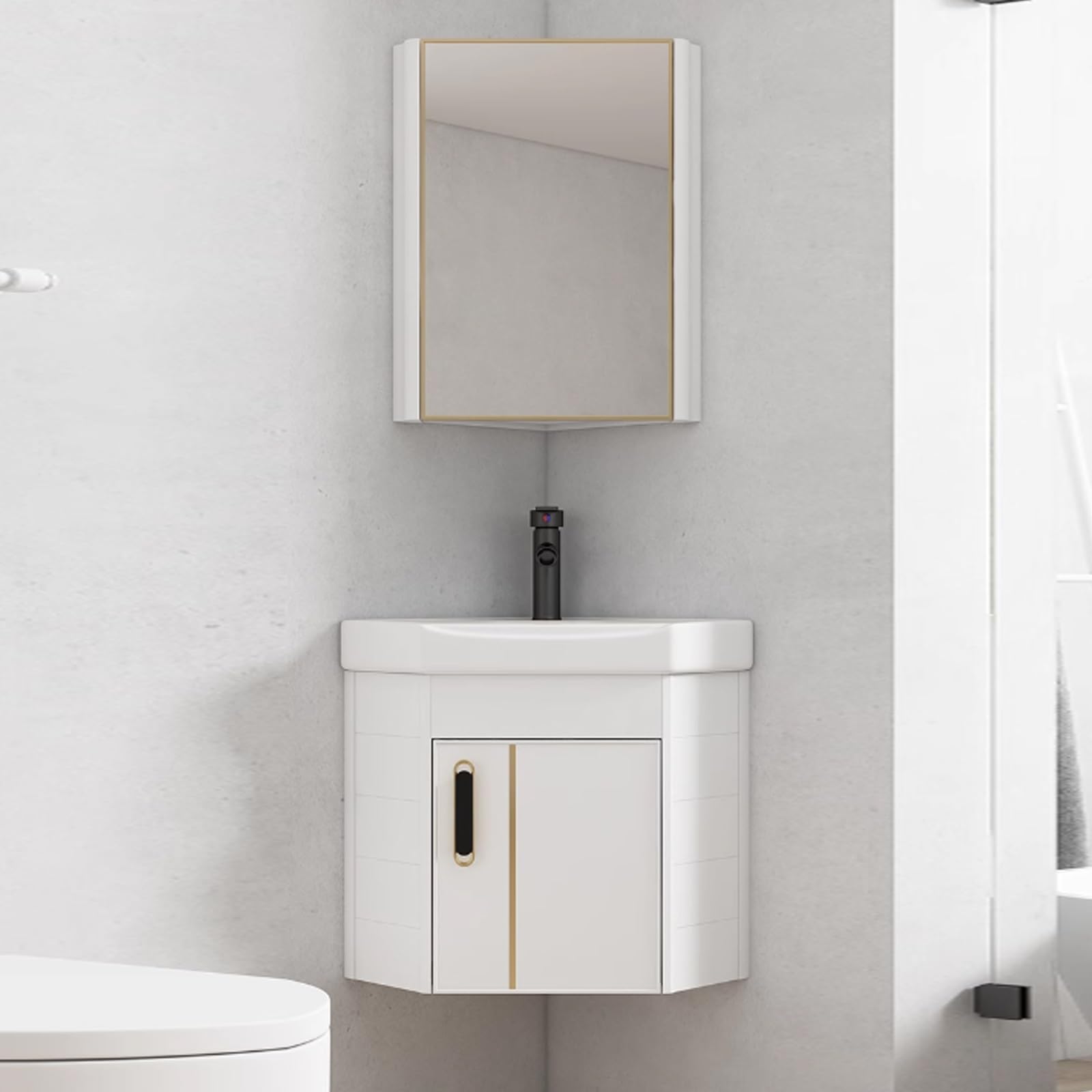 Eckwaschbecken-Set Waschbecken Waschtisch Badezimmer Mini Waschbecken Schrank Mit Spiegel Keramik Eckwaschbecken Waschtisch Gäste WC Waschbecken Wandmontage Mit Überlauf