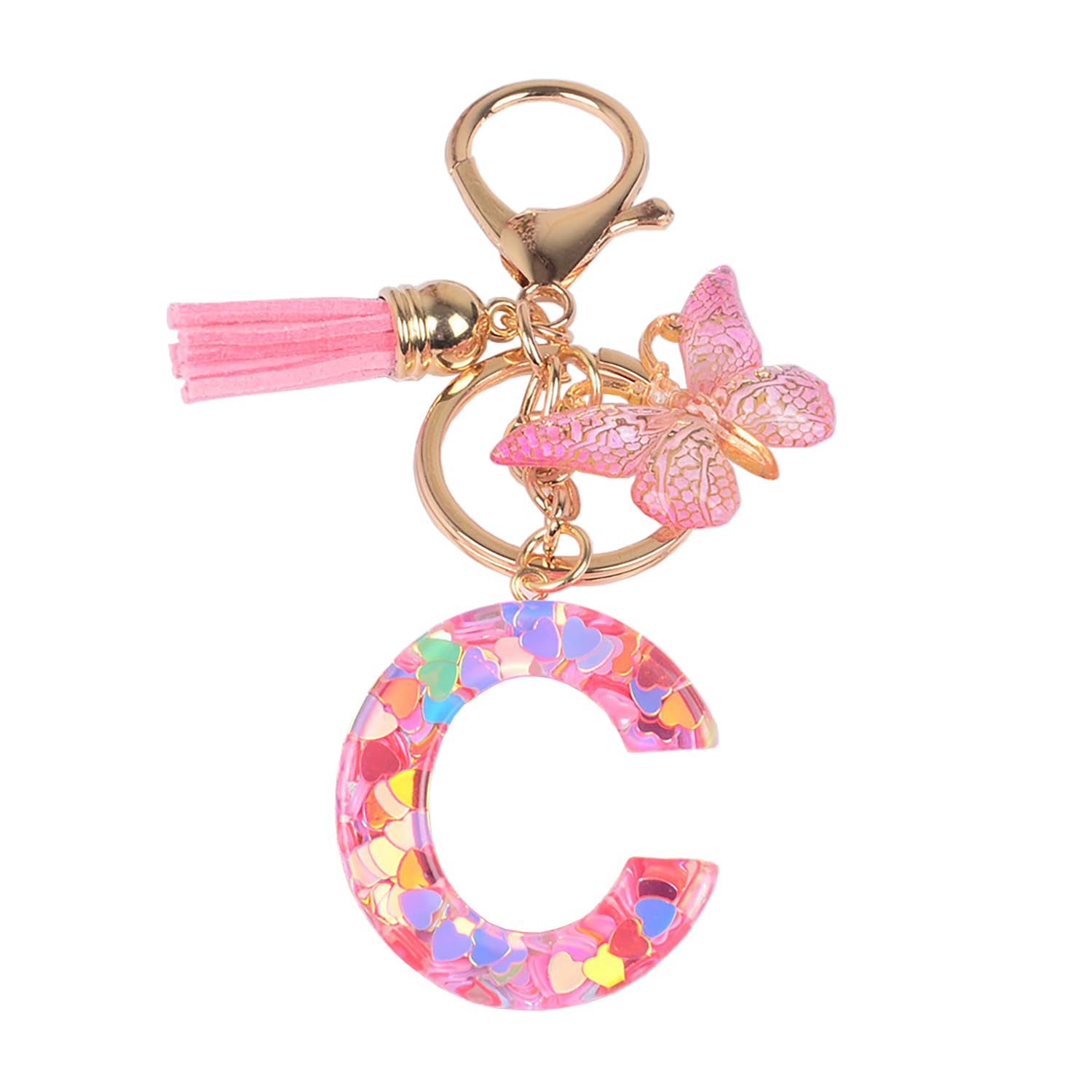 Ypymod Unisex Rosa-C Butterfly Pendant Keychain With Initials, C, Pink, Women, Girls