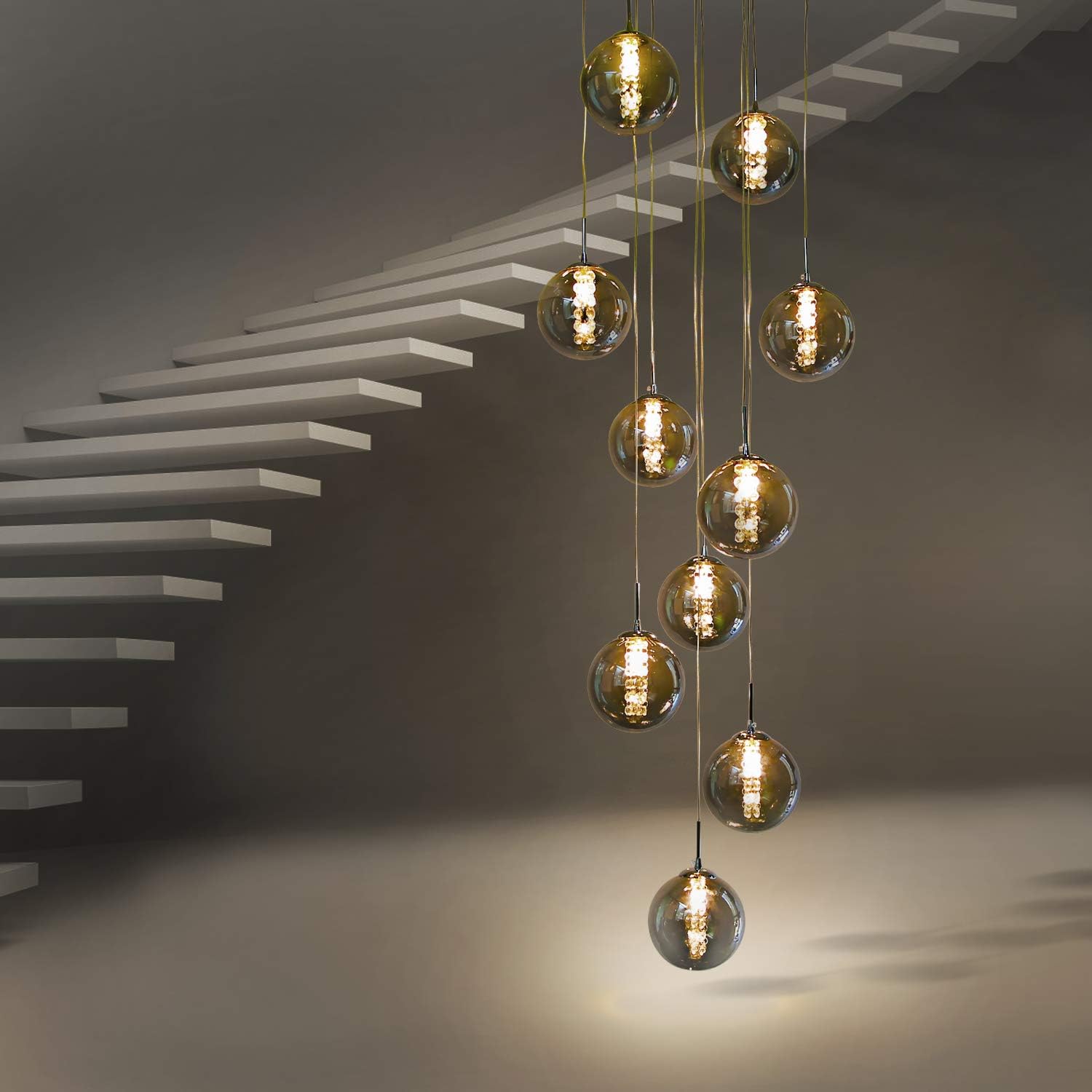 Lustre Pendentif Verre Cristal 3 Flammes - Lampe Suspendue Design Moderne Hauteur Réglable, Gris Fumée