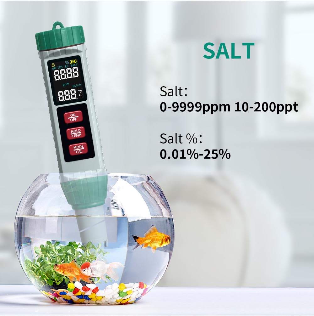 Medidor de pH y probador de sal de piscina, digital 5 en 1, medidor de salinidad pH EC Temp TDS para calidad del agua, probador de agua impermeable para piscina, acuario, hidroponía, jacuzzi
