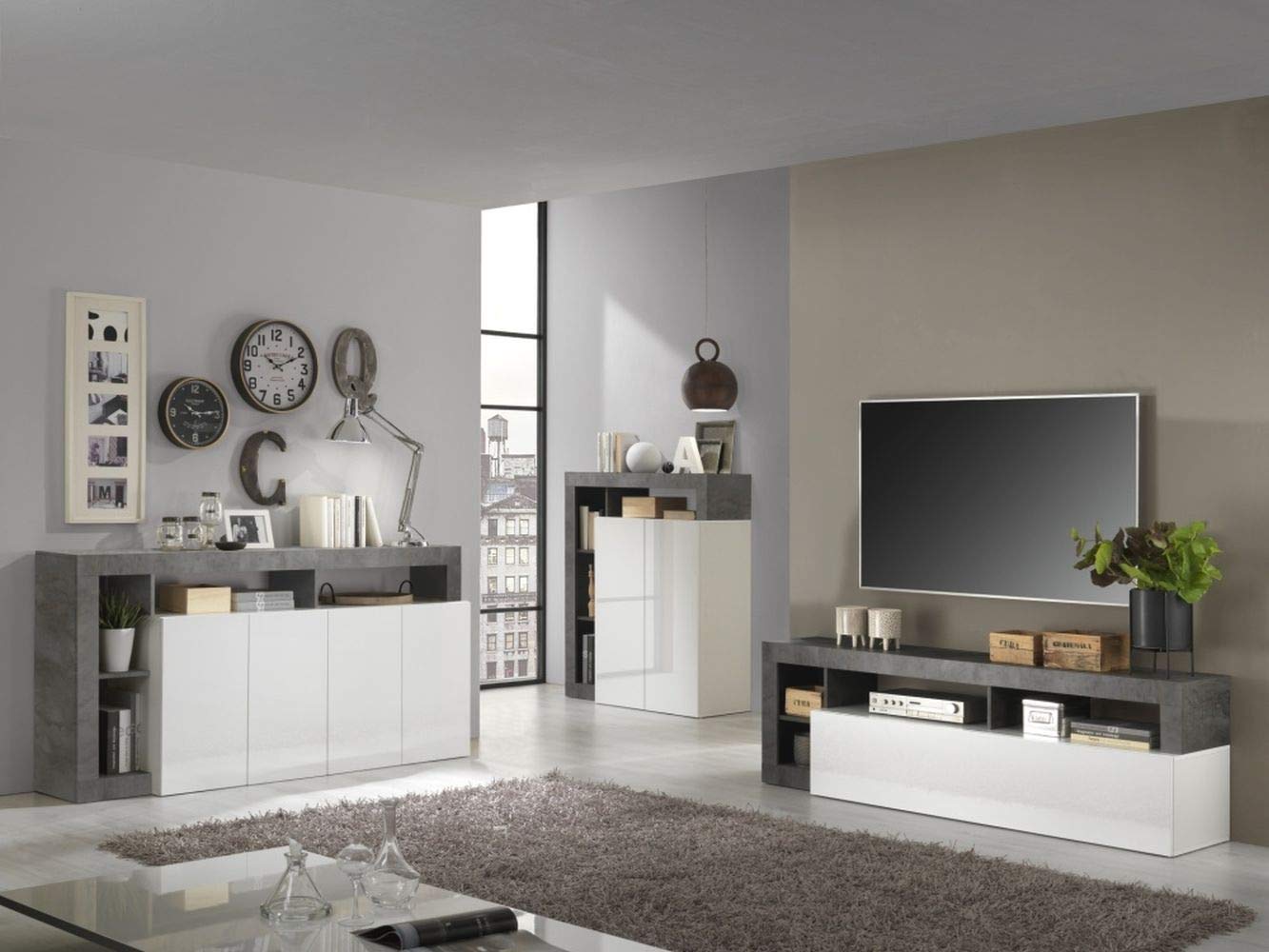 Web Convenienza Mobile TV con Anta a Ribalta - Made in Italy - Mobile Televisore con Anta Contenitore Collezione Hamburg per Soggiorno Cucina Sala da Pranzo Mobile Design moderno, Bianco e Ossido